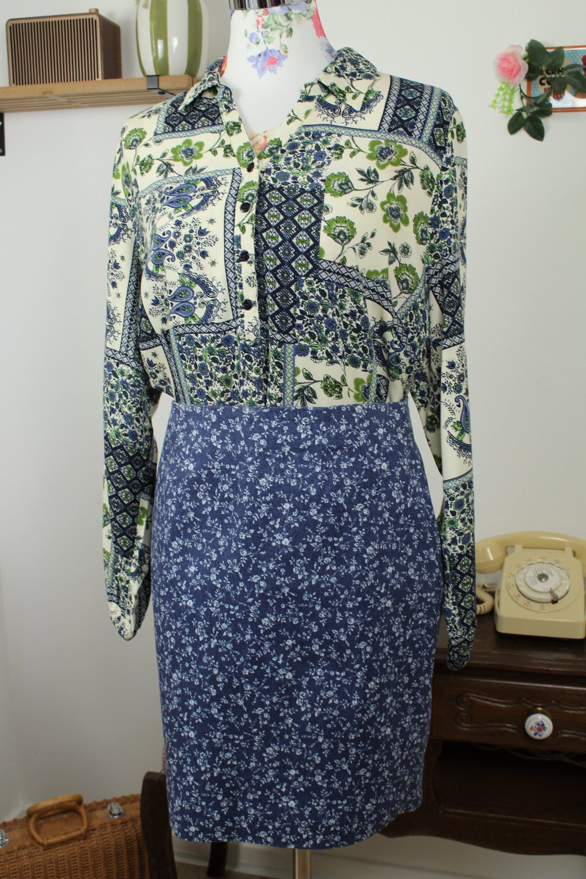 Jupe vintage années 90 Nina Kalio en denim effet fleuri liberty - Taille 40