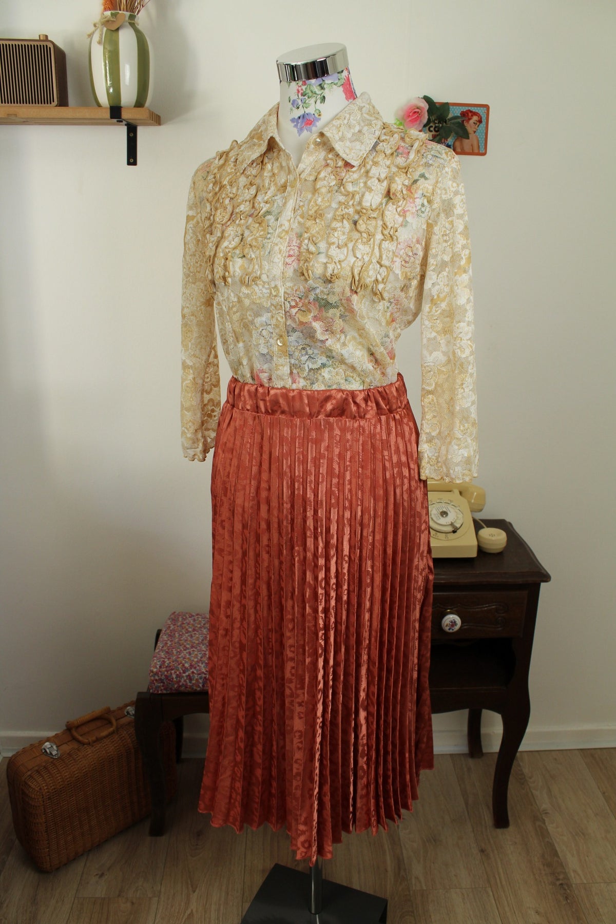 Jupe léopard vintage années 90 plissée made in Italy - terracotta & satinée - Taille 36/38