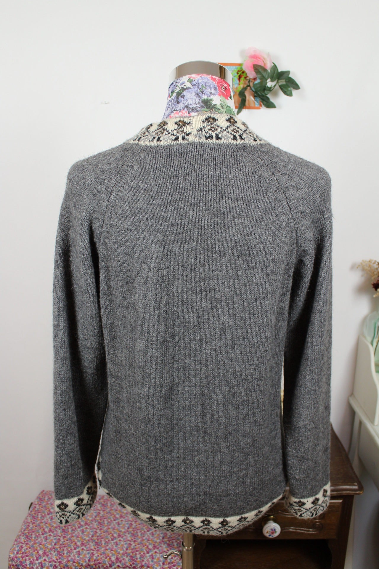 🌸🍒Pull vintage 80's gris motifs jacquard en laine angora - Taille 38🍒🌸