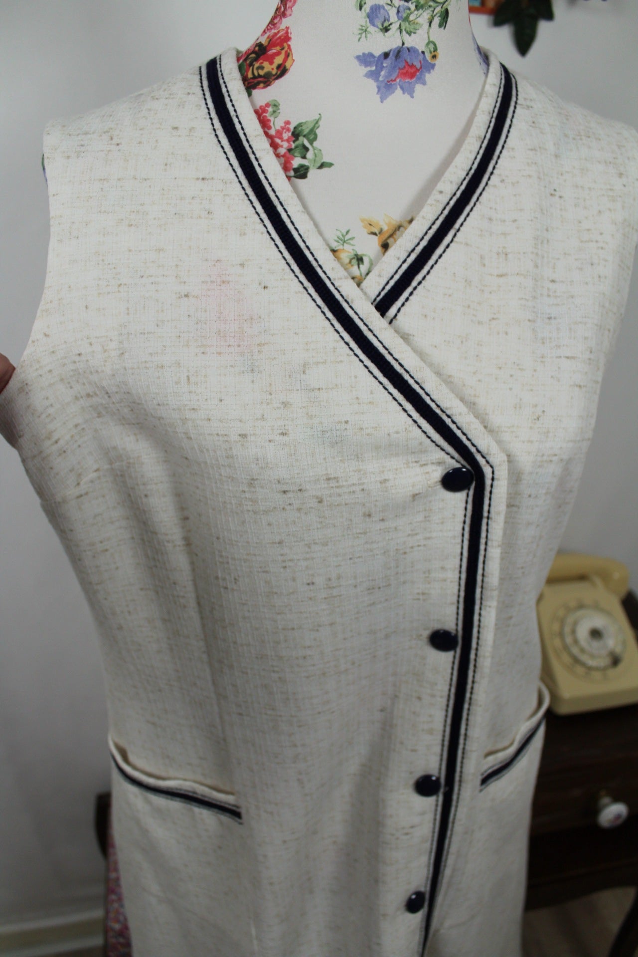 🍒🌸Robe vintage 80s crème chinée en lin - Taille 40🌸🍒