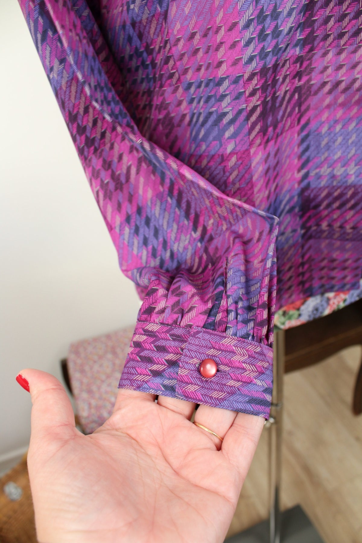 Chemise vintage années 80 violet à carreaux tartan col officier - Taille 38