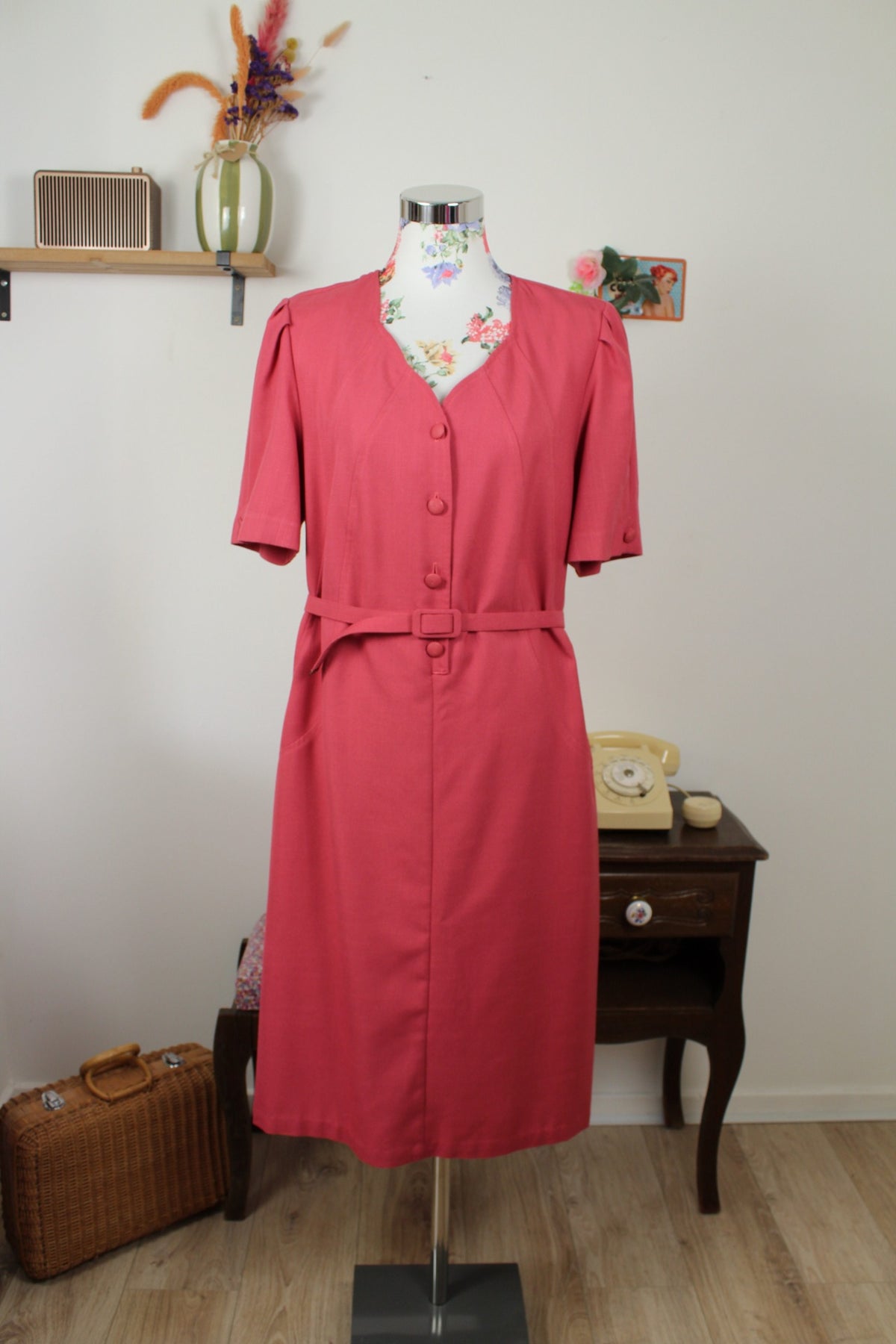 Robe vintage années 80 rose poudré coupe ceinturée - Taille 40/42