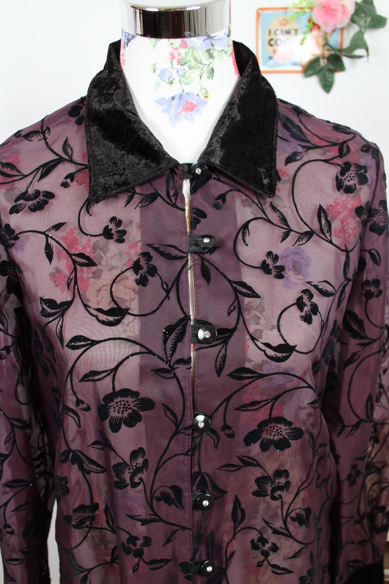 🌸🍒Chemise vintage 90's violette velours & paillettes - élégance mystique -Taille 38🍒🌸