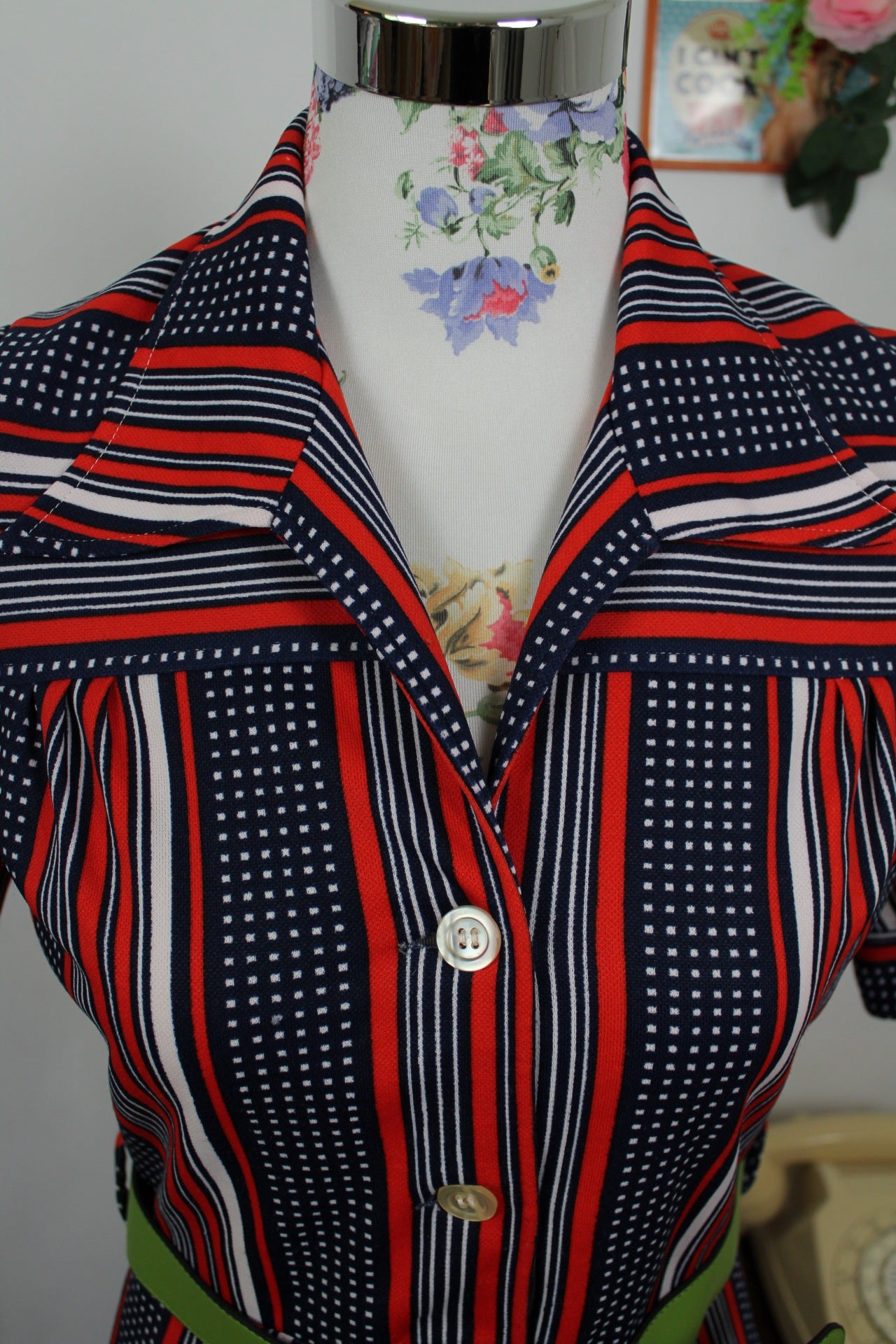 🌸🍒Robe vintage 70's Navy pin-up chic - rayures rouge/marine & pois - Taille 38🍒🌸