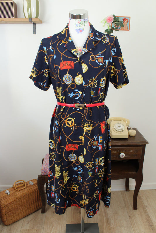 🌸🍒Robe vintage années 80 esprit Navy - motifs cordes, boussoles & ancres marines - Taille 40/42🍒🌸