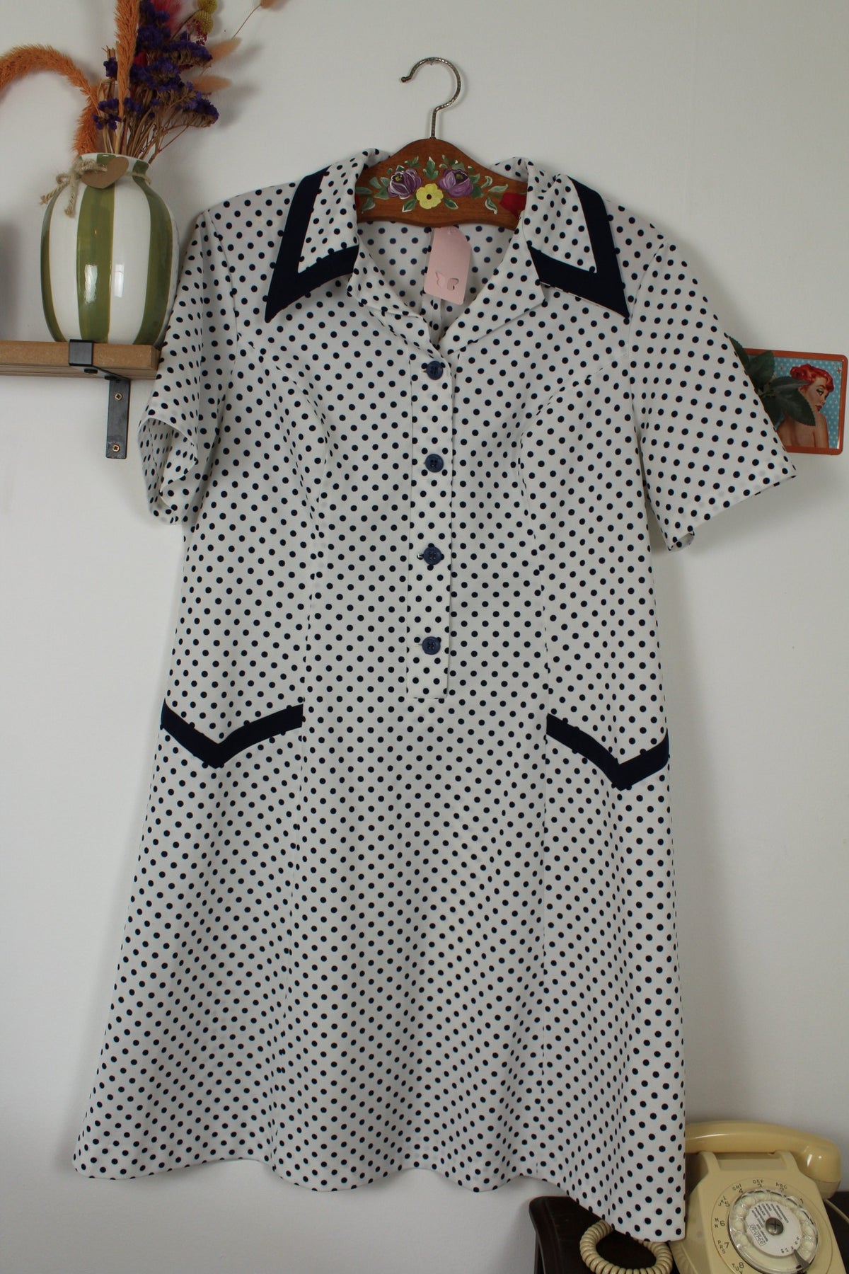 Robe vintage années 80 pin-up/rockabilly à pois marine - col chemise - Taille 40/42