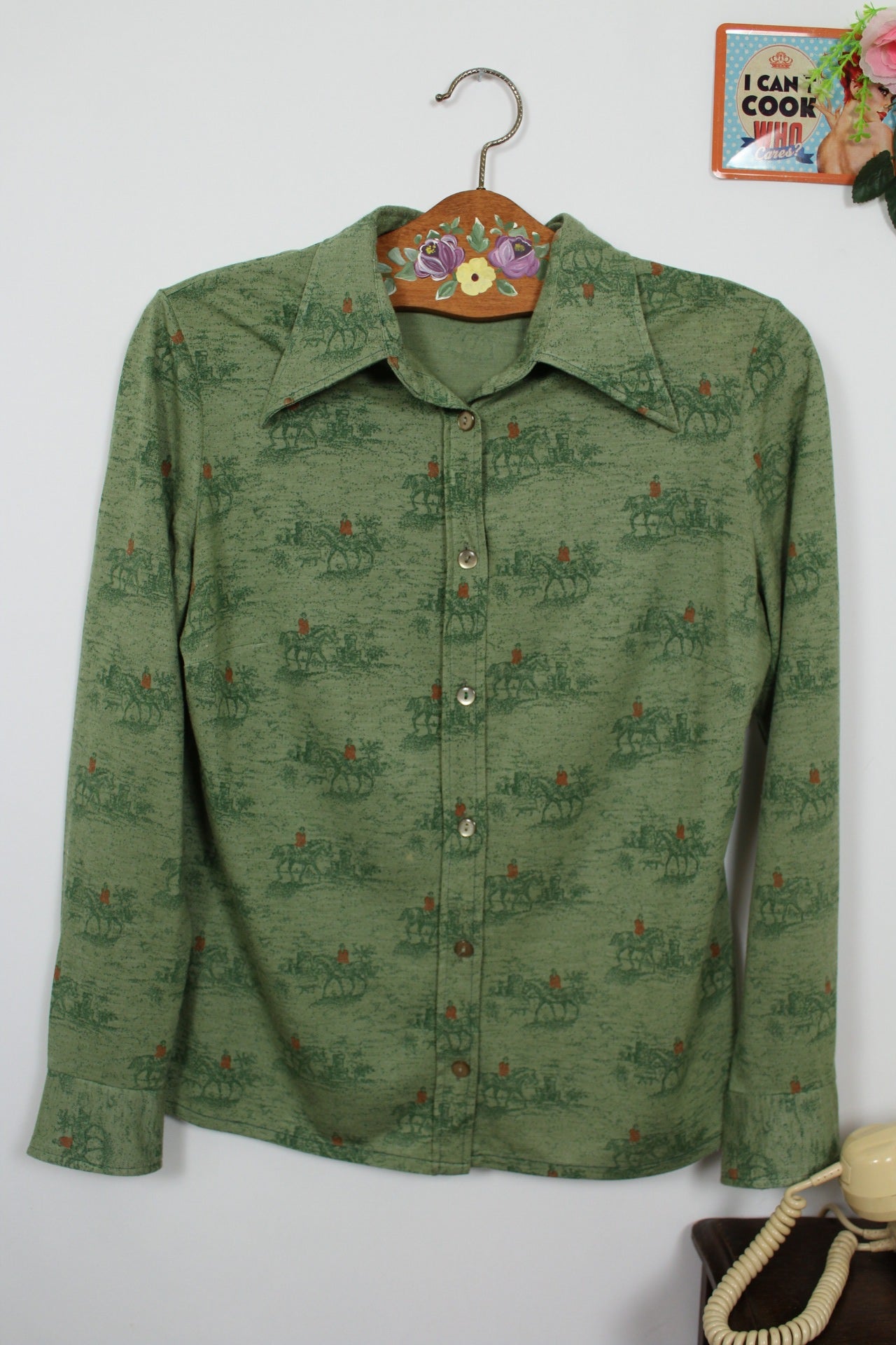 🌸🍒Chemise vintage 70's "chasse à courre" chevaux - made in France - Taille 38🍒🌸