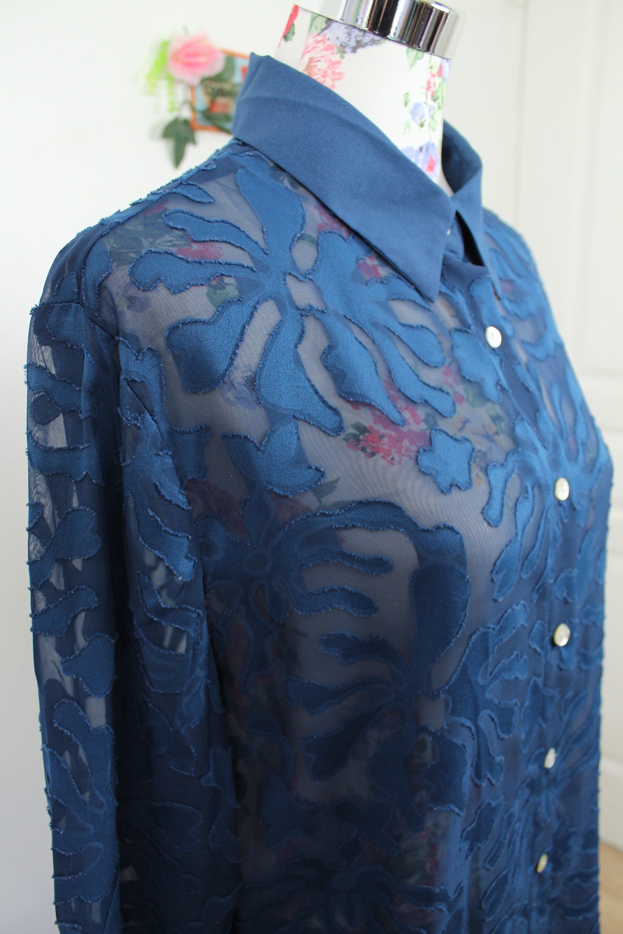 🍒🌸Chemise vintage 80/90s bleu marine - voile transparent - Taille 40/42🌸🍒