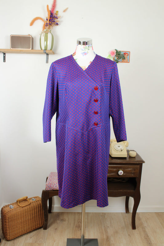 Robe pin-up vintage années 70/80 automne/hiver - violette & pois rouges - Taille 42/44