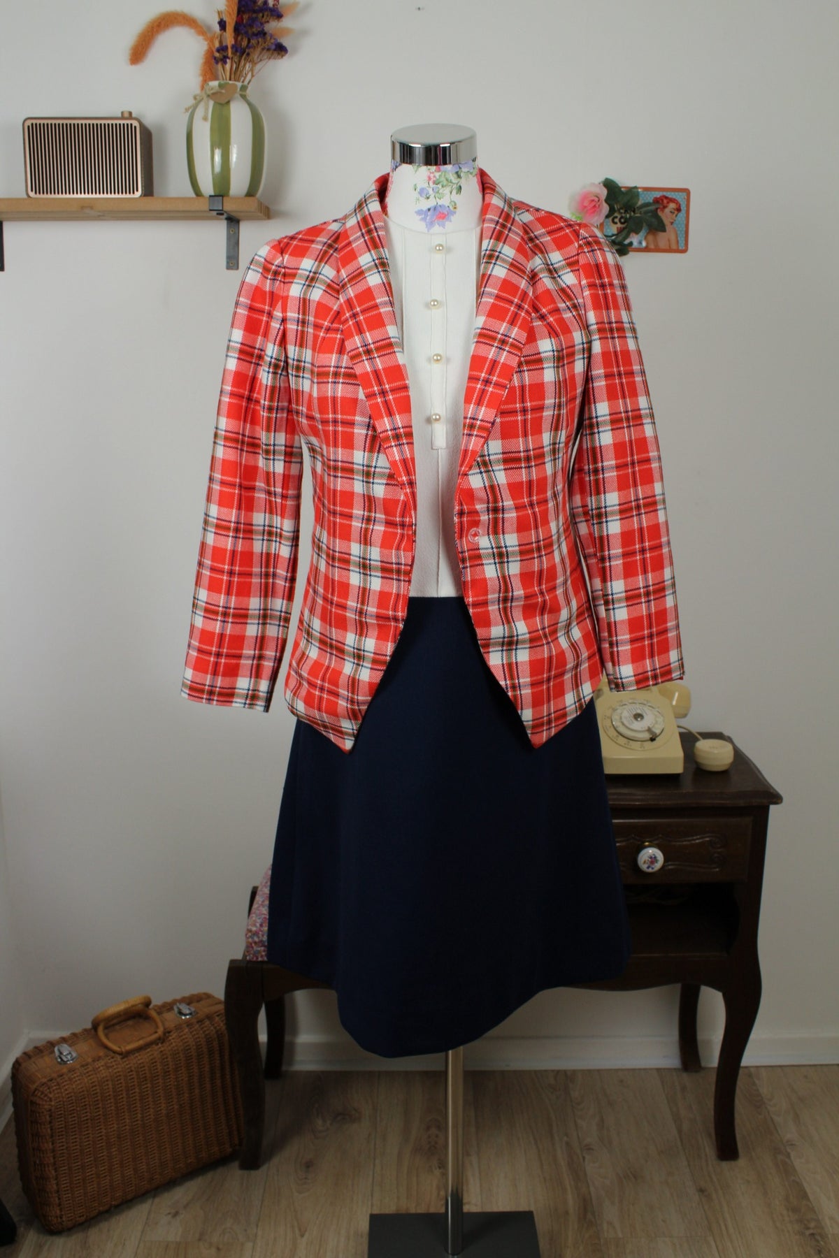 Veste vintage années 80 carreaux tartan rouge & blanc - à deux pans pointus - Taille 38