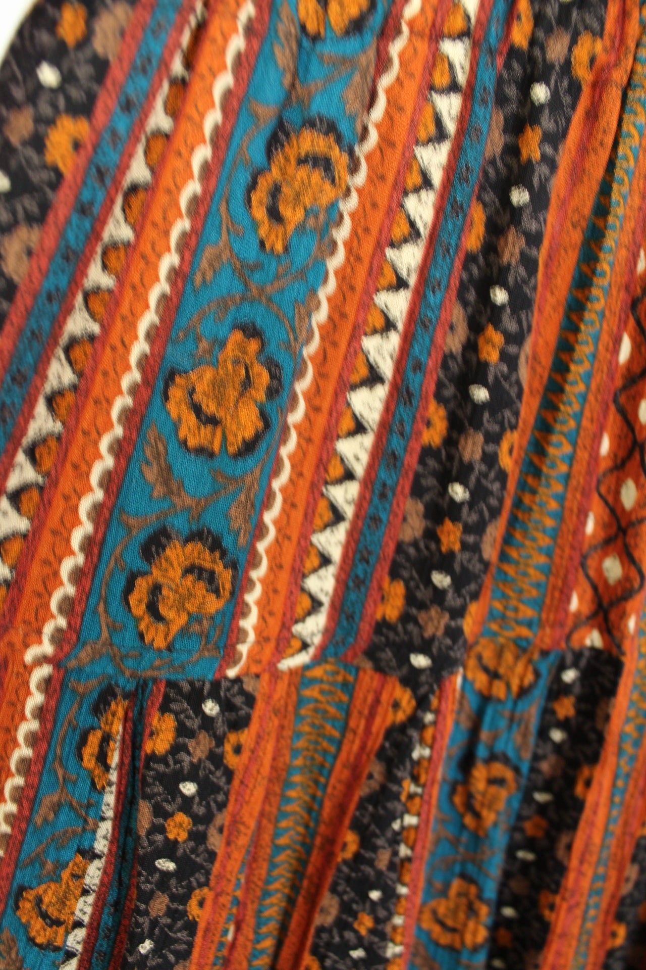 🌸🍒Jupe midi vintage 70's bohème folk terracotta & turquoise - Taille 36 à 40🍒🌸