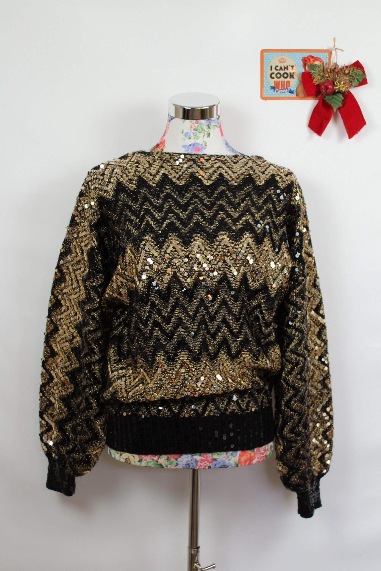✨Pull vintage 80's à sequins dorés & manches chauve-souris - party glam✨