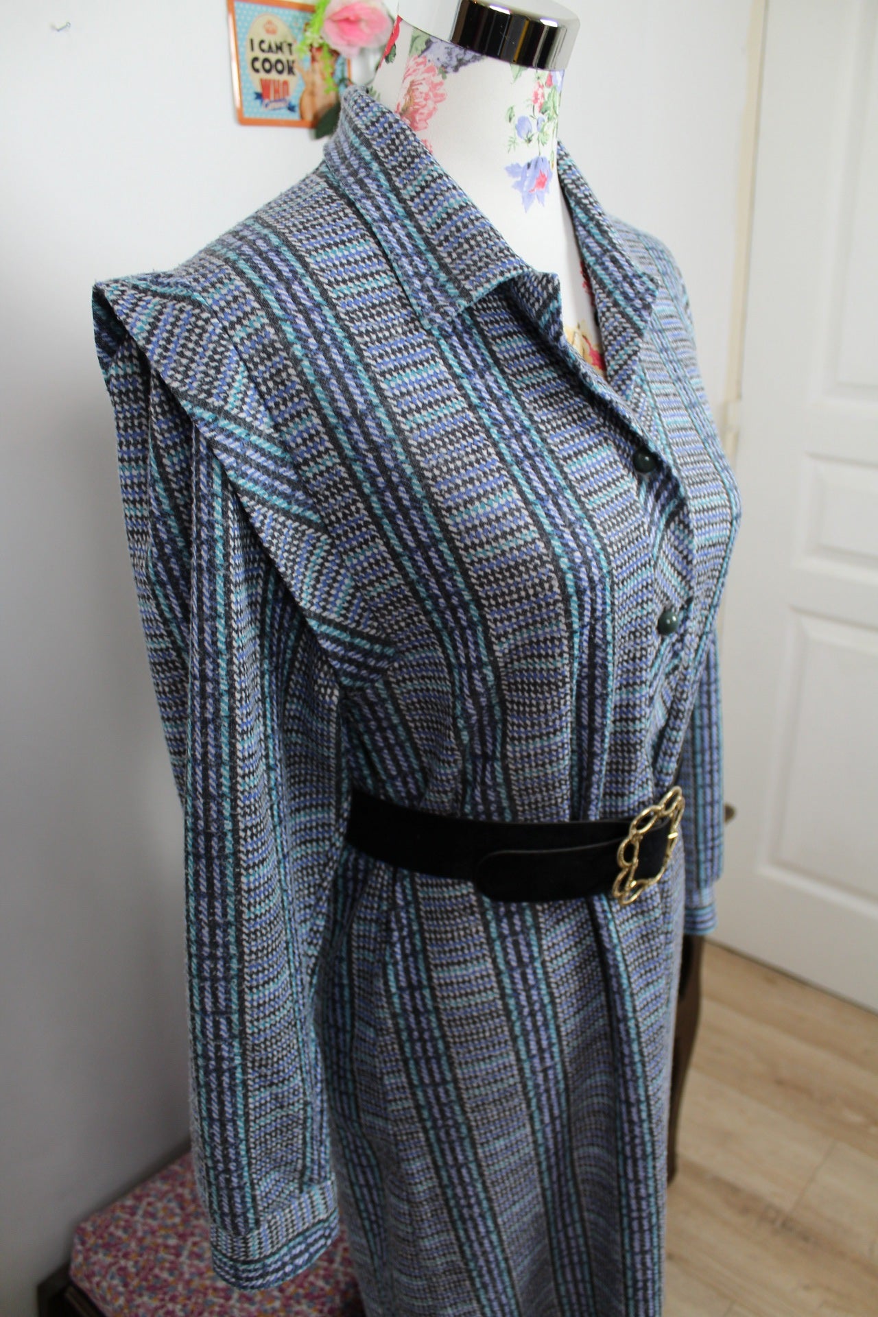 🌸🍒Robe vintage 70/80's d'hiver graphique bleu & verte - ceinture incluse - Taille 38/40🍒🌸