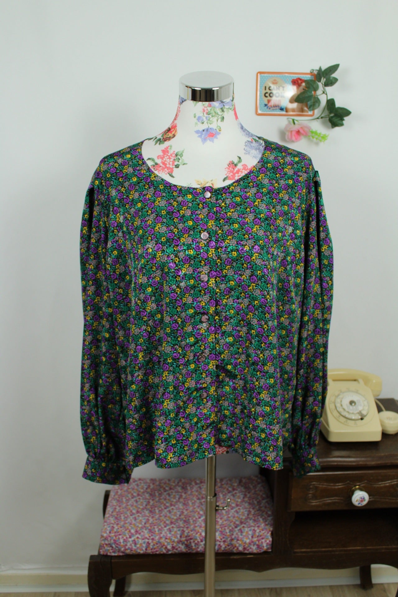🌸🍒Blouse vintage 80/90s fait main fleurie - manches bouffantes & boutons nacrés - Taille 46/48🍒🌸