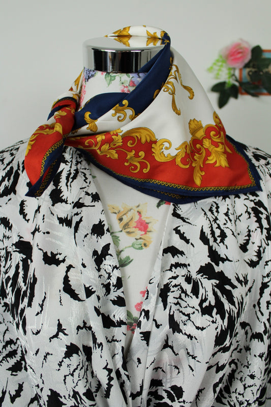 🌸🍒Foulard vintage 80/90's marine & rouge - dorures baroque preppy🍒🌸