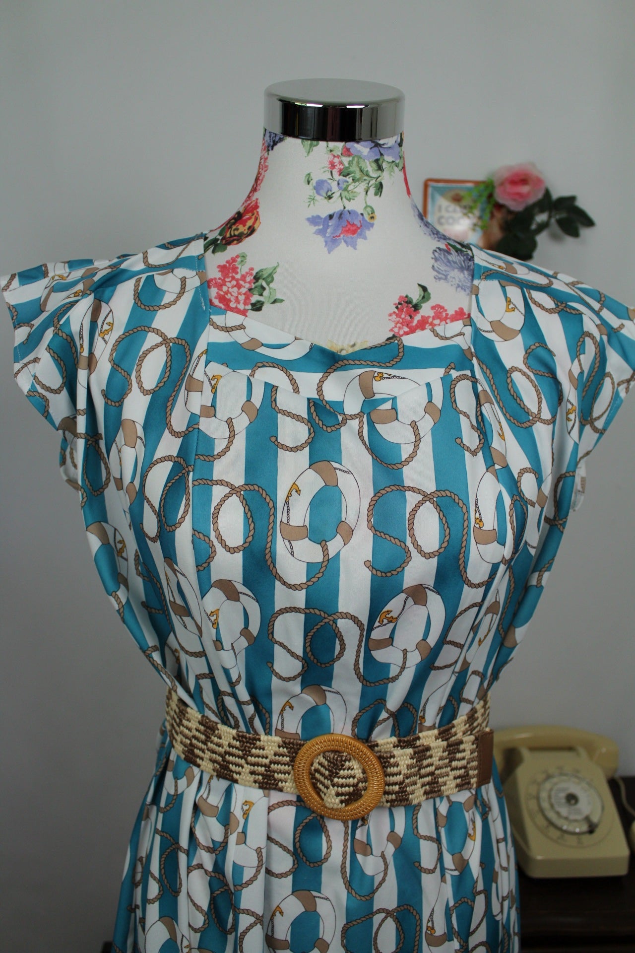 🌸🍒Robe vintage 80's Navy rayures turquoises & motifs nautiques - Taille 38 à 42🍒🌸