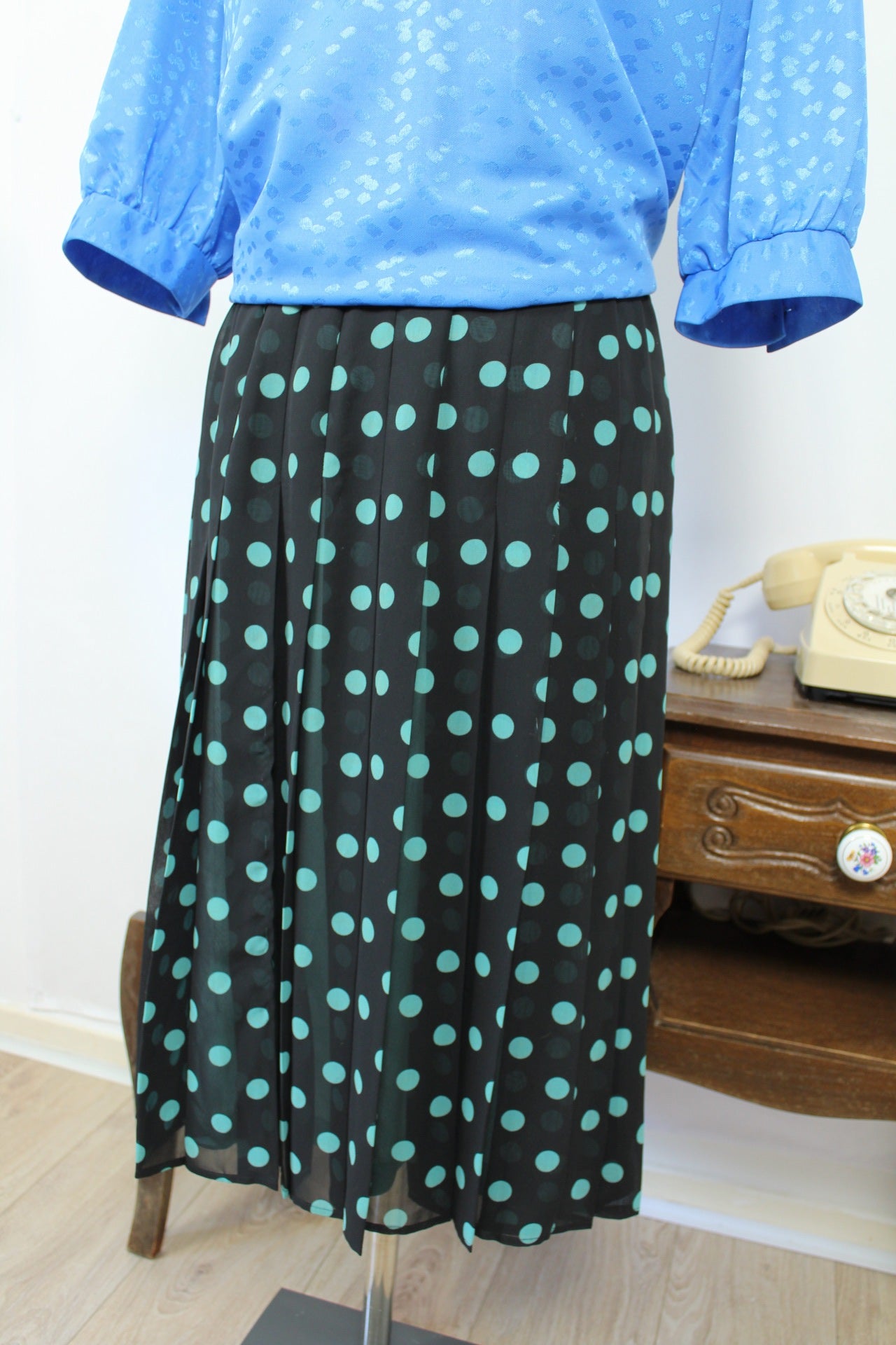 🌸🍒Jupe plissée vintage 80's à pois turquoise - inspiration pin-up 50's - Taille 44🍒🌸