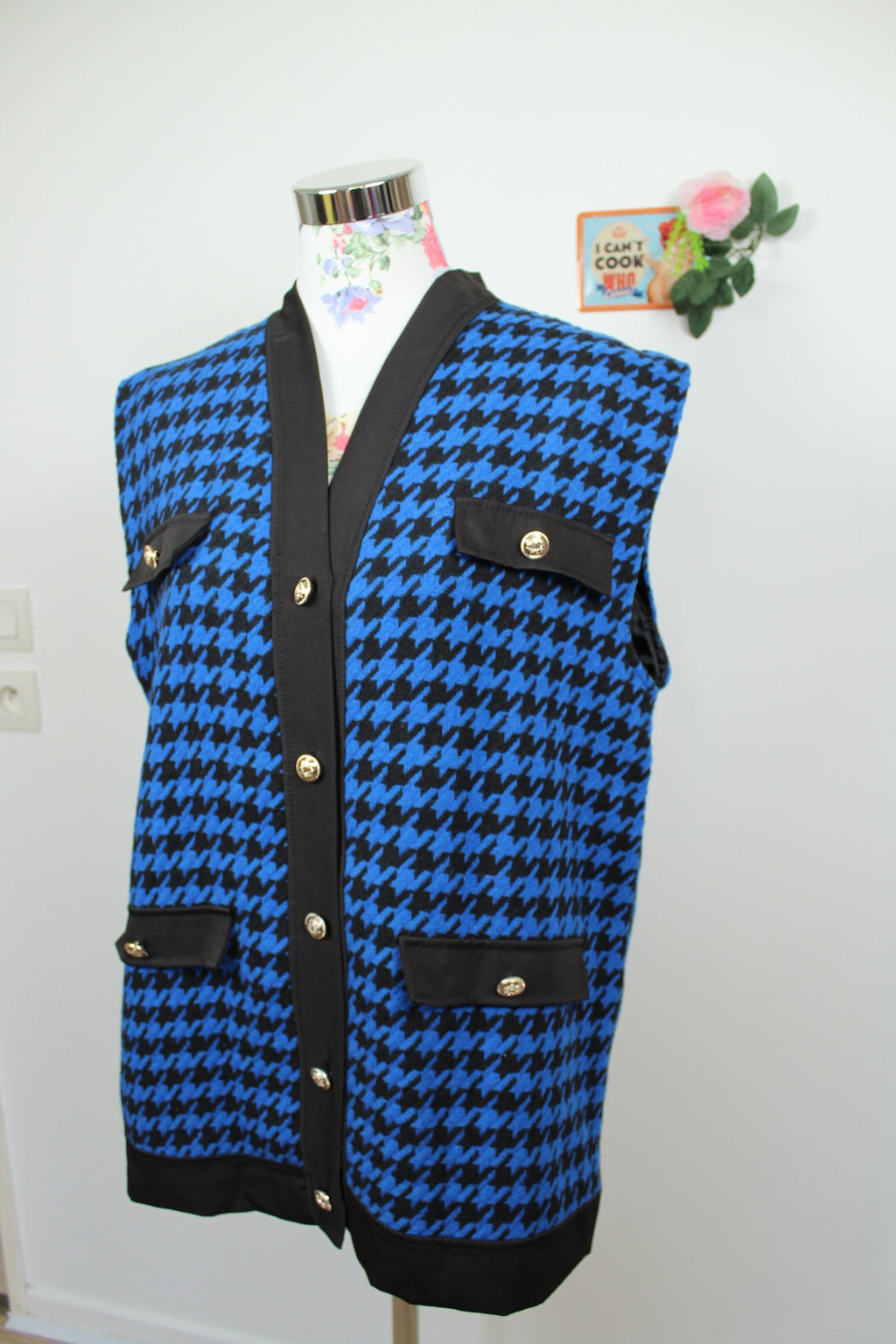 🌸Cardigan/gilet sans manches pieds de poule 90's bleu électrique - made in Italy🍒