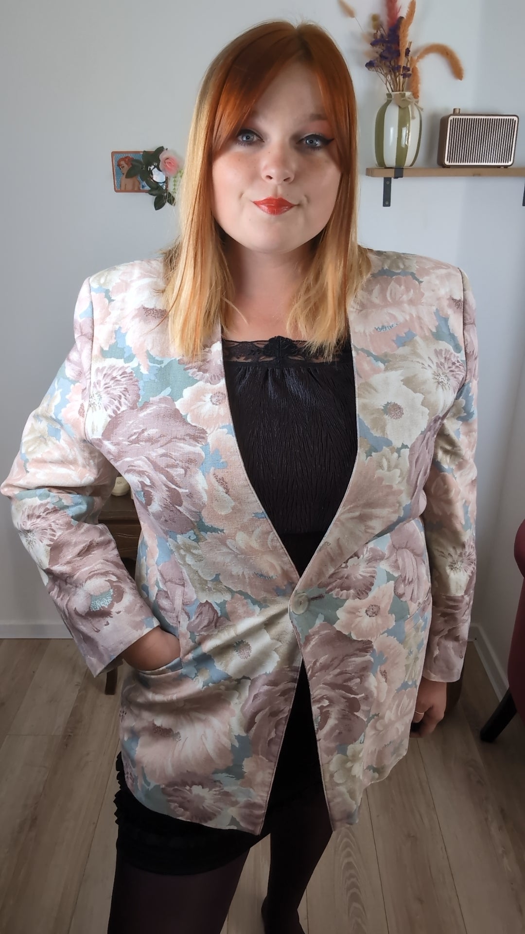 Veste vintage années 90 fleurs pastel esprit tapisserie romantique en lin & coton - Taille 44