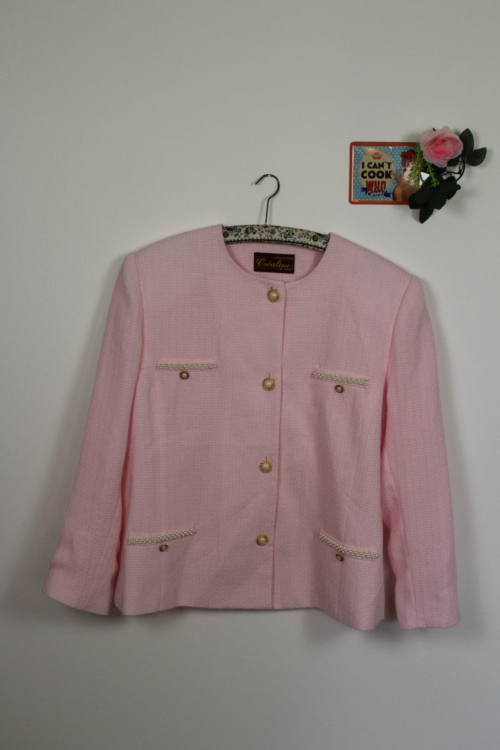 🌸 Ensemble jupe + veste preppy vintage 80's rose poudré - perles nacrées & boutons dorés🍒