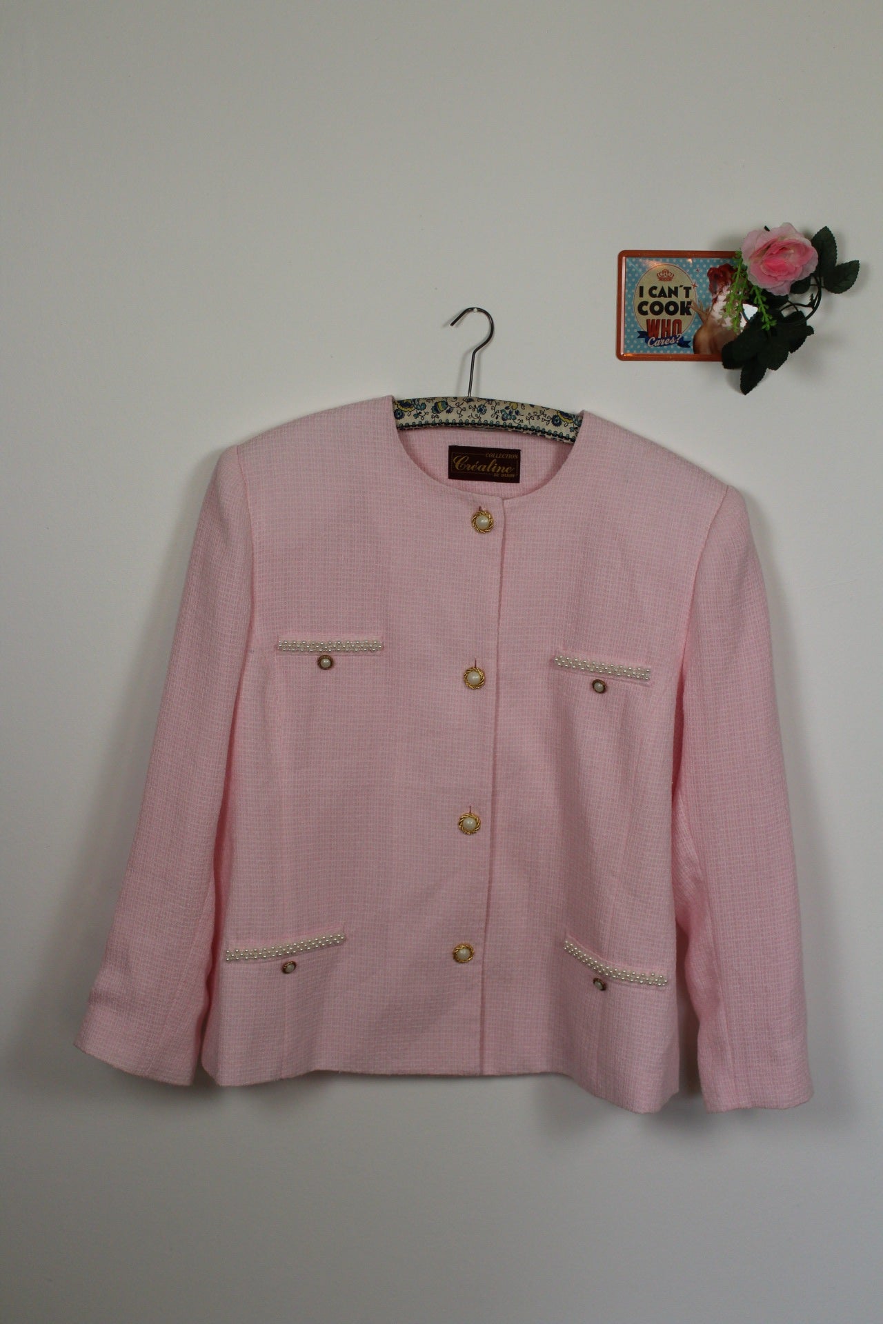 🌸 Ensemble jupe + veste preppy vintage 80's rose poudré - perles nacrées & boutons dorés🍒