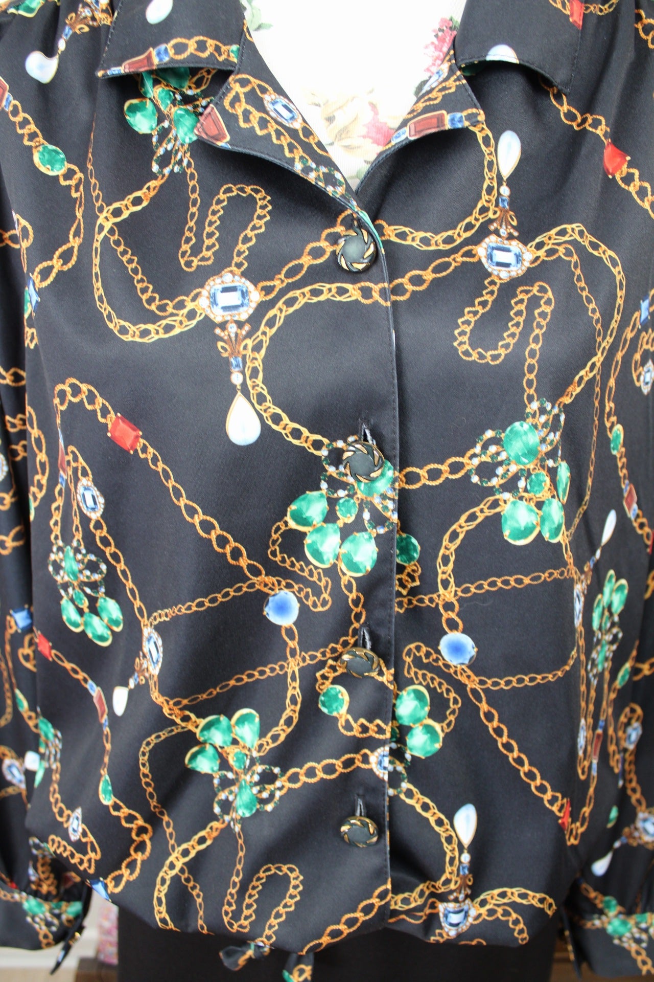 🌸🍒Blouse vintage 80/90s chaîne & bijoux col chemise - Afibel - Taille 44/46🍒🌸