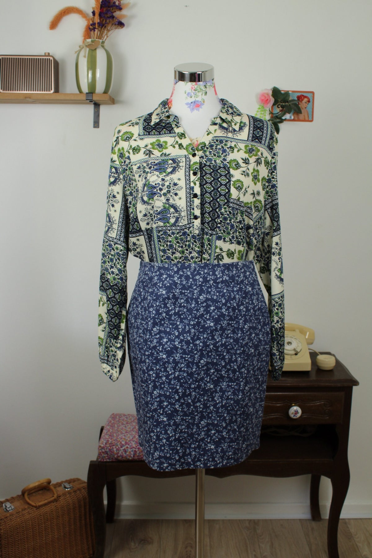 Jupe vintage années 90 Nina Kalio en denim effet fleuri liberty - Taille 40
