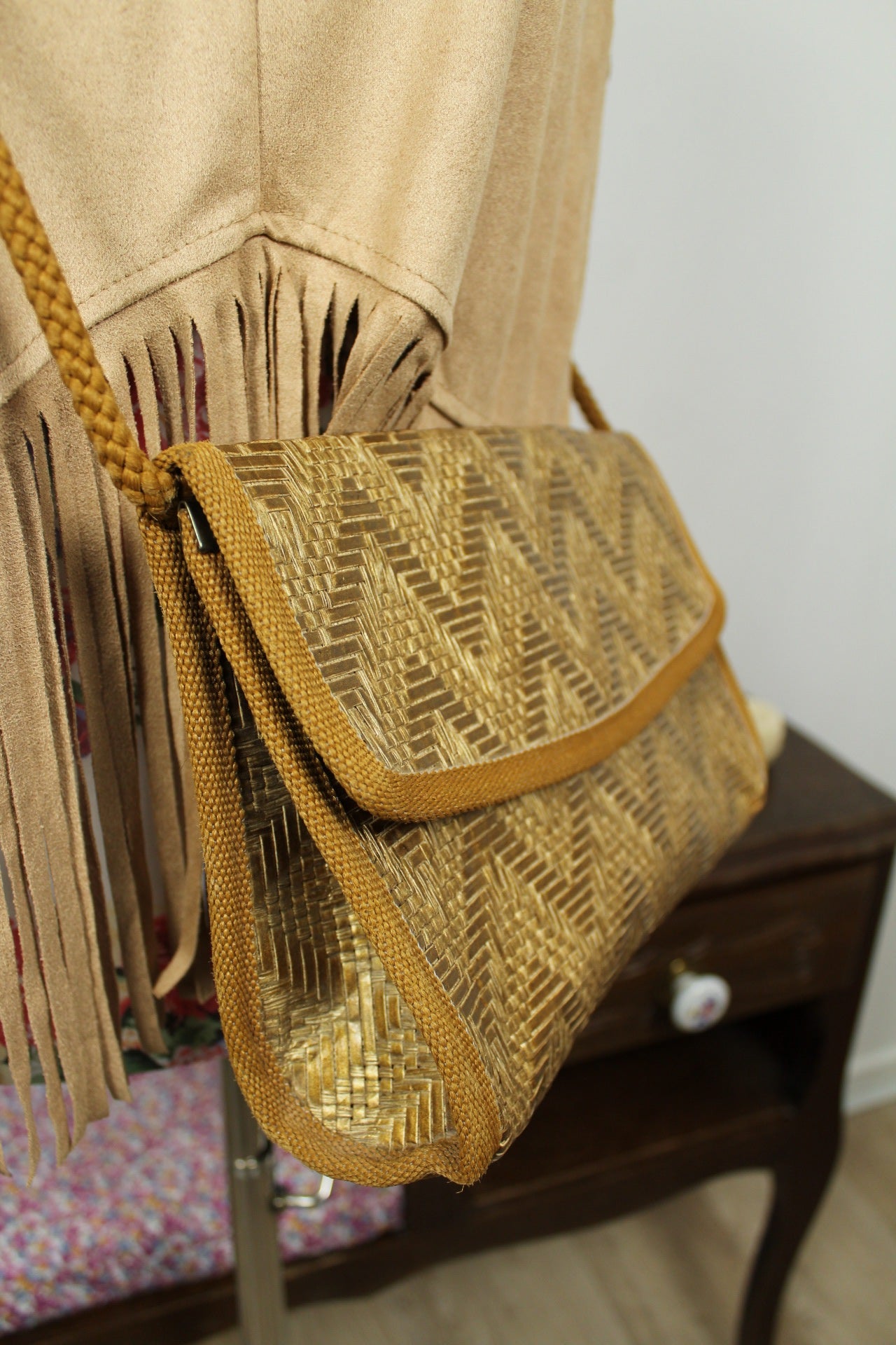 🌸🍒Sac bandoulière en paille tressée dorée vintage 90's bohème chic🍒🌸