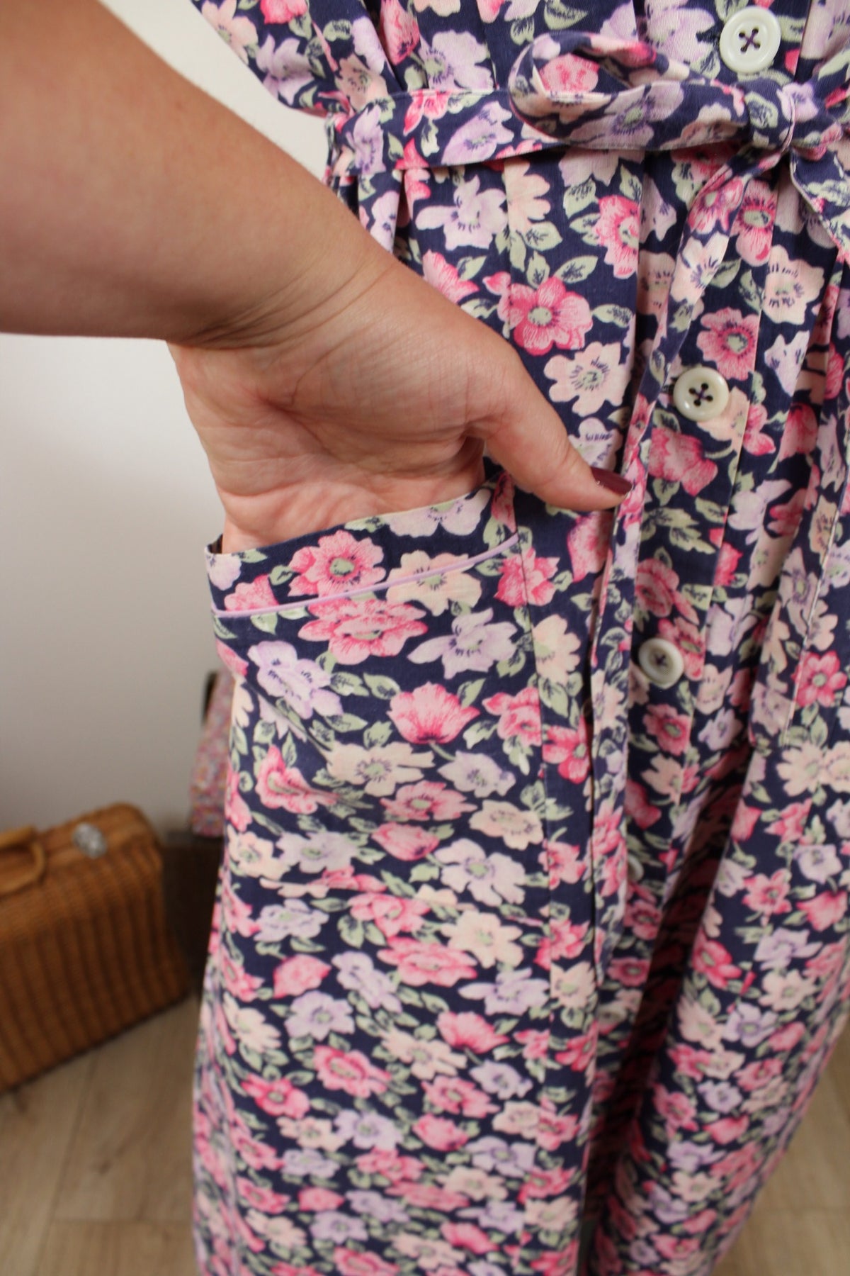 Robe fleurie vintage 80's fleurie violet & rose - Taille 48/50
