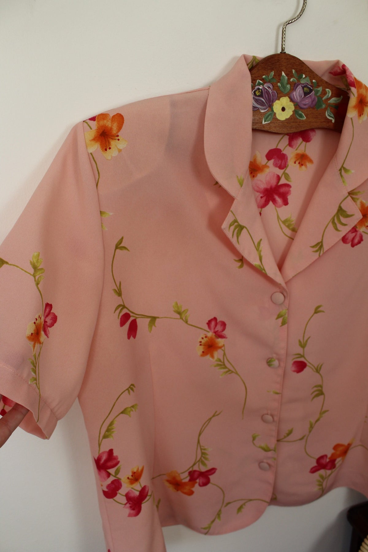🌸🍒Chemise vintage années 80/90 rose pâle & guirlande de fleurs - Taille 42/44🍒🌸