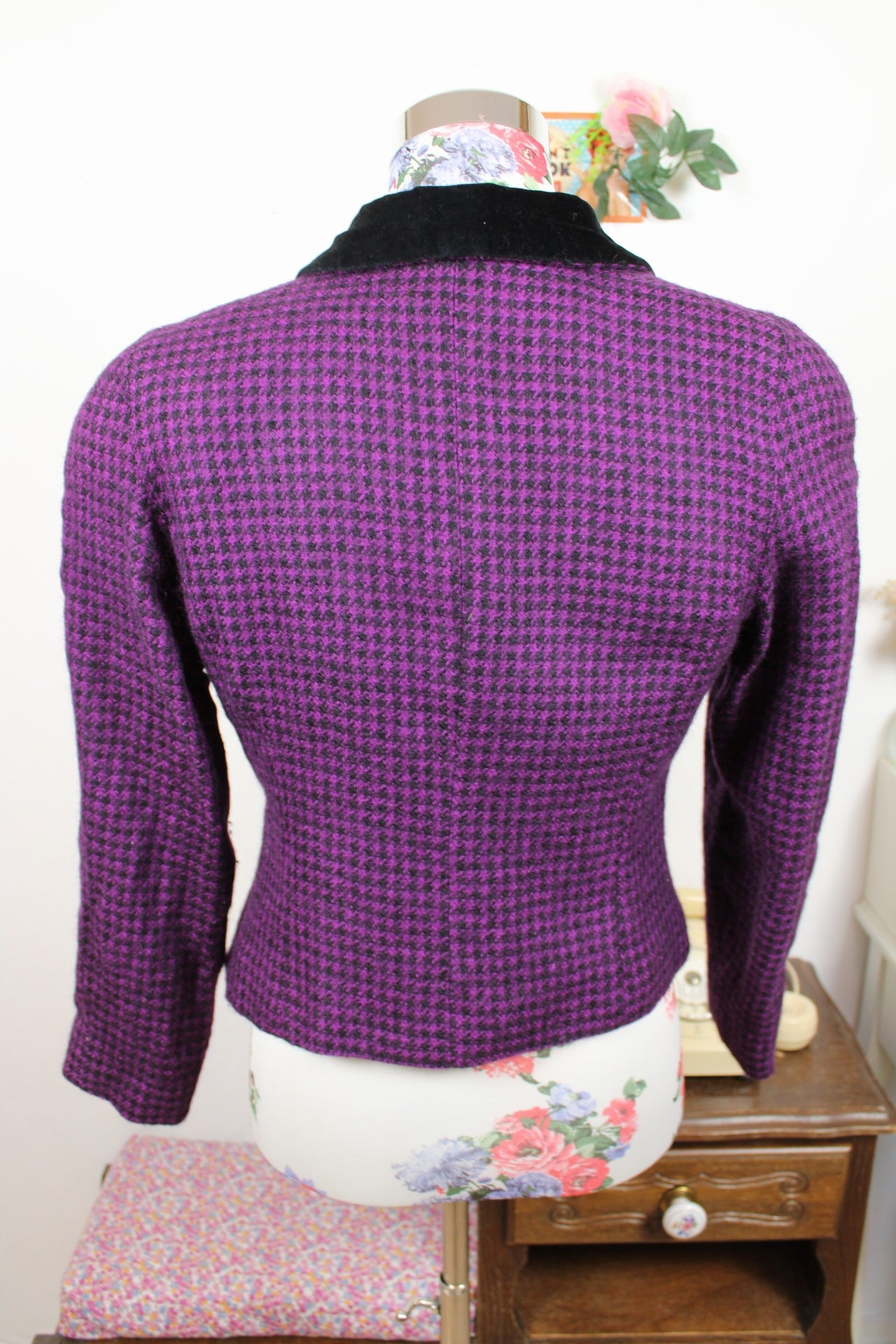 🌸🍒Veste vintage 80's pure laine pieds de poule violette & velours noir - Made in Italy - Taille 38🍒🌸