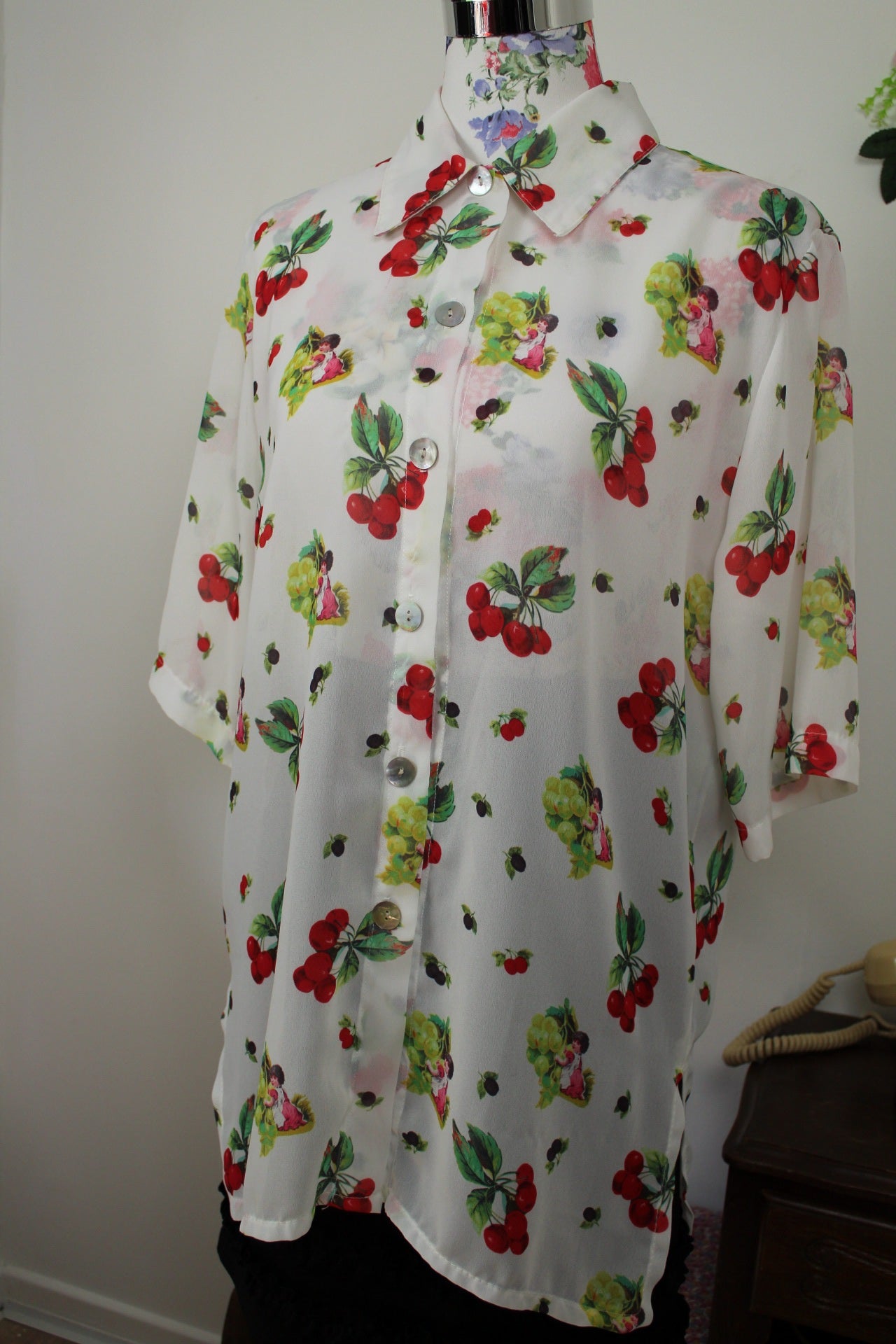🌸🍒Chemise vintage 80/90's motifs fruits & anges romantique - Taille 38/40🍒🌸