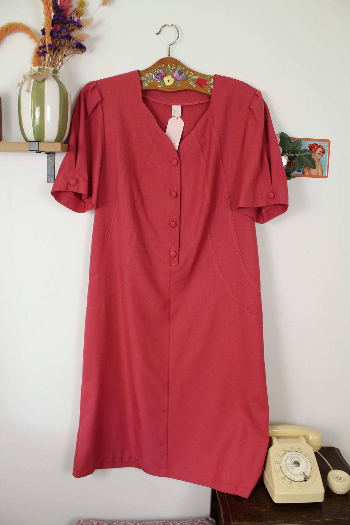 Robe vintage années 80 rose poudré coupe ceinturée - Taille 40/42