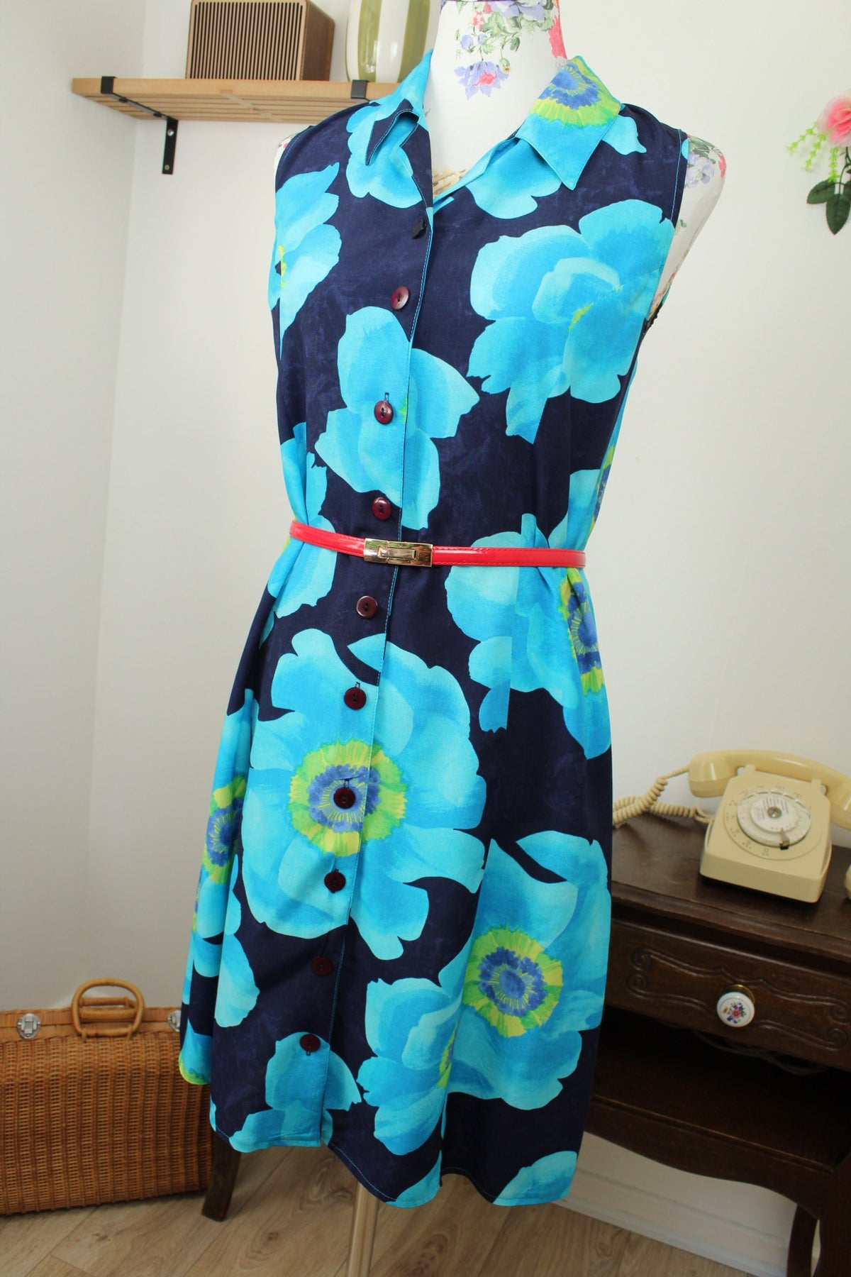 🌸🍒Robe chemise vintage années 90 fleurs XXL bleu ciel pep's - Taille 36🍒🌸