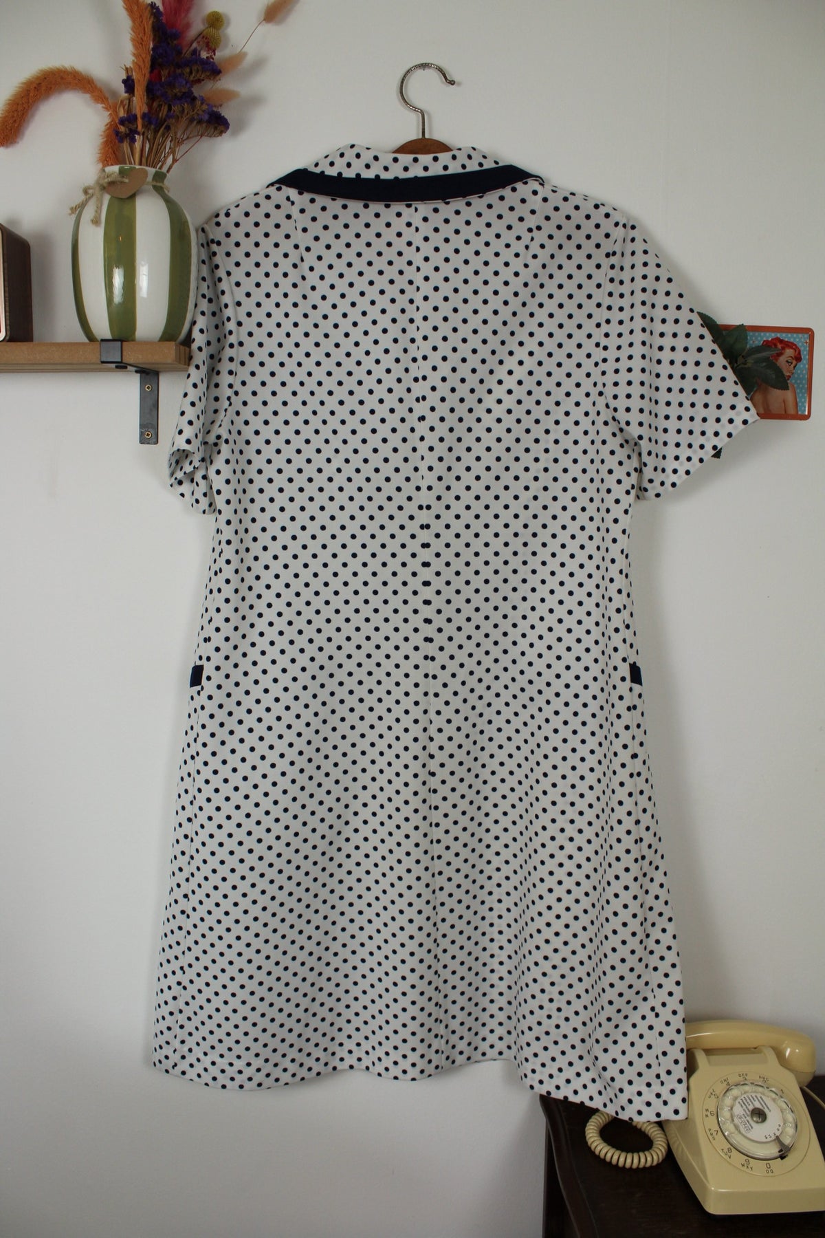 Robe vintage années 80 pin-up/rockabilly à pois marine - col chemise - Taille 40/42