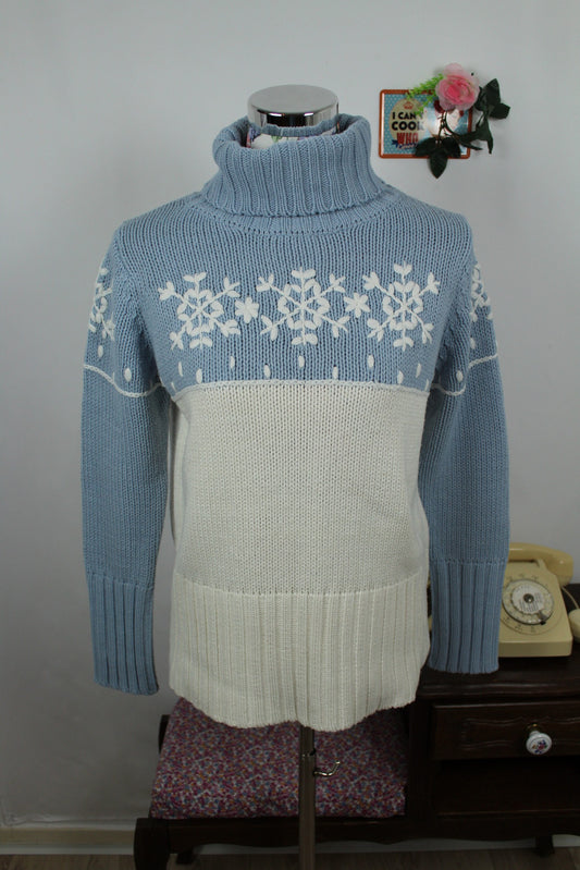 🌸🍒Pull bleu vintage années 90 col roulé & flocons - Taille 38🍒🌸