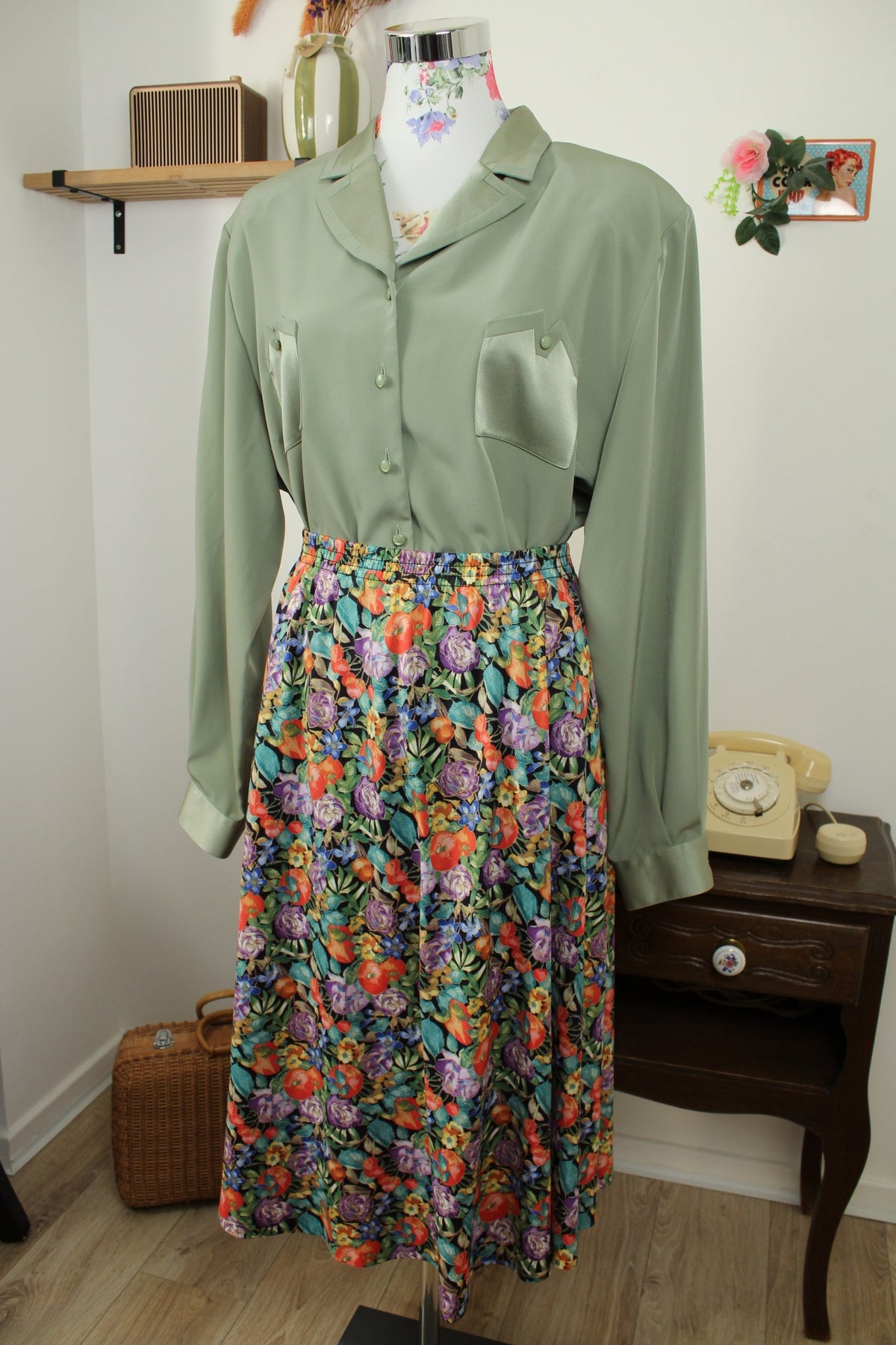 Jupe plissée vintage années 80 fleurs & fruits - Taille 46 à 52
