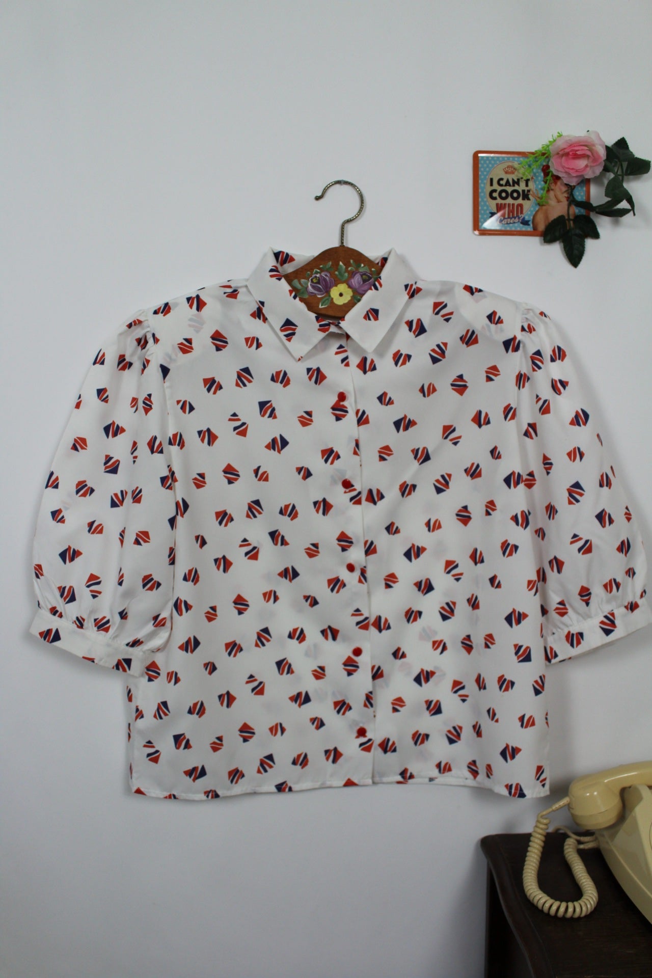 🌸🍒Chemisier vintage 80's blanc motifs géométriques - manches bouffantes - Taille 40/42