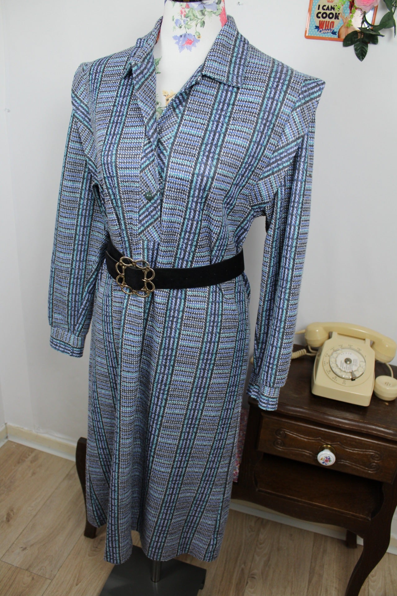 🌸🍒Robe vintage 70/80's d'hiver graphique bleu & verte - ceinture incluse - Taille 38/40🍒🌸