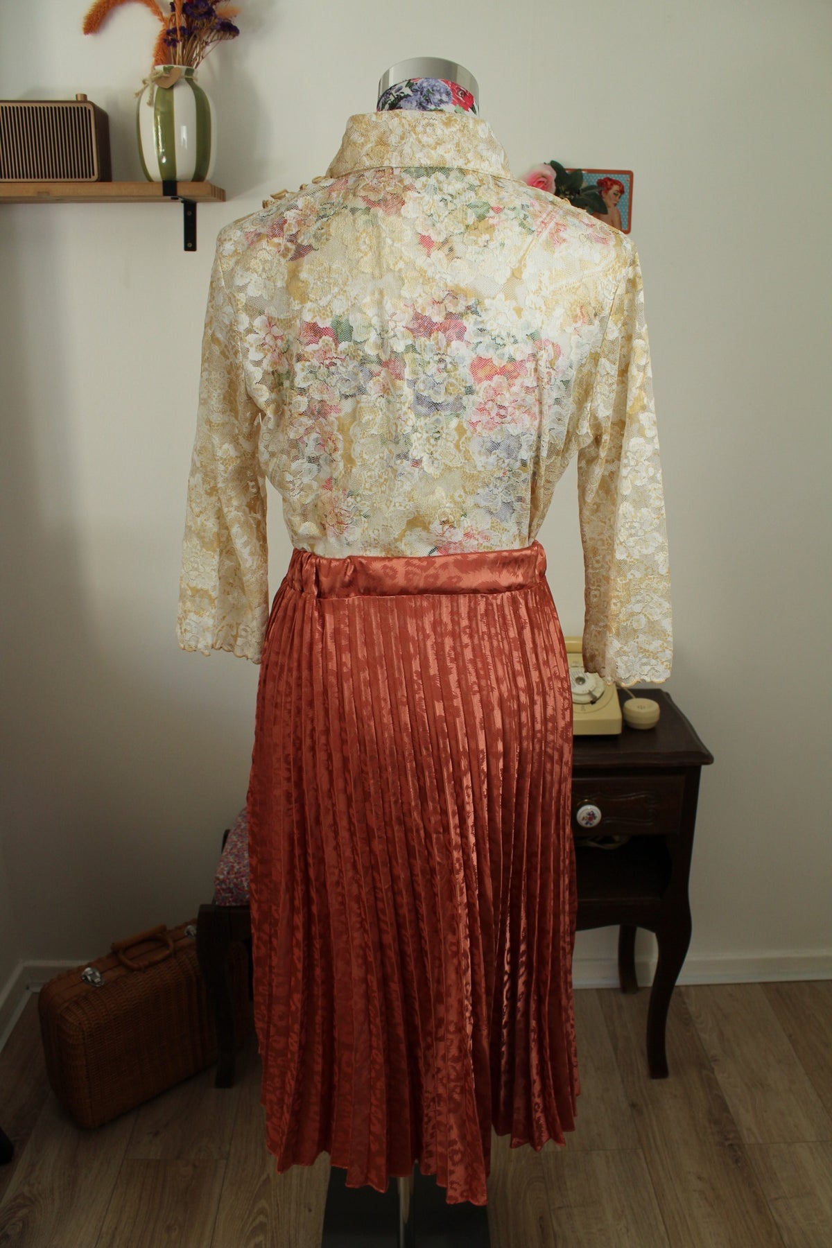 Jupe léopard vintage années 90 plissée made in Italy - terracotta & satinée - Taille 36/38