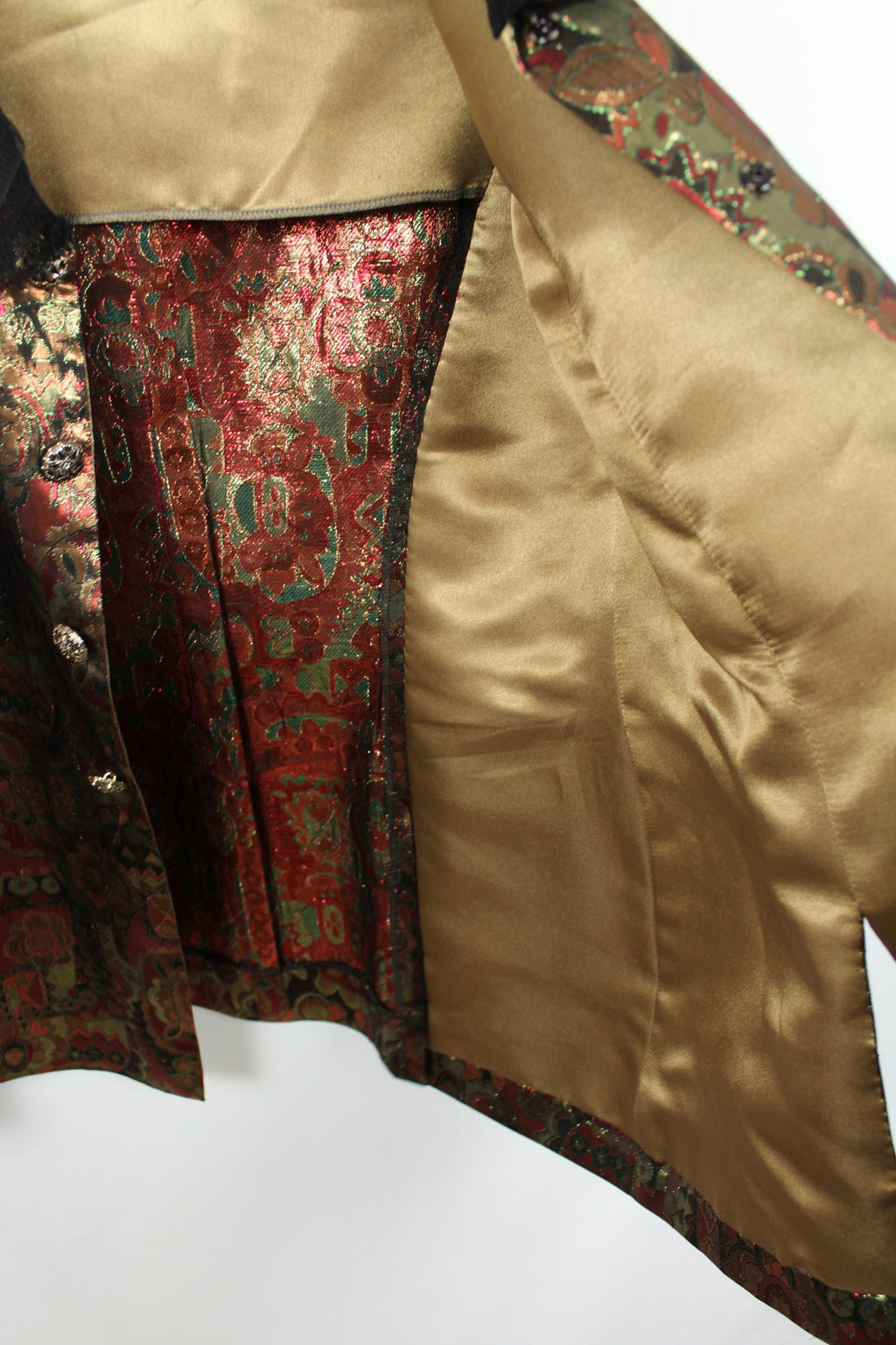 ✨Gilet brocart vintage 70's doré motifs baroques & col volanté tulle noir ✨