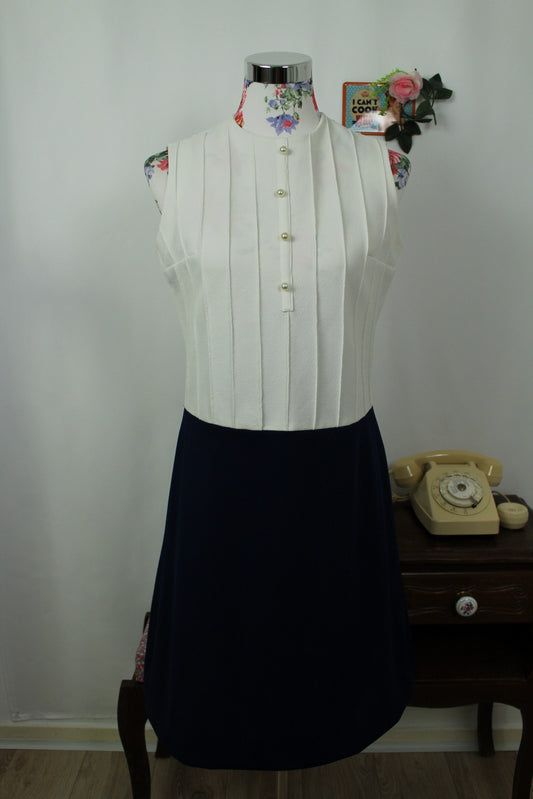 🌸🍒Robe vintage 60's blanche & marine chic - boutons nacrés - Taille 38🍒🌸