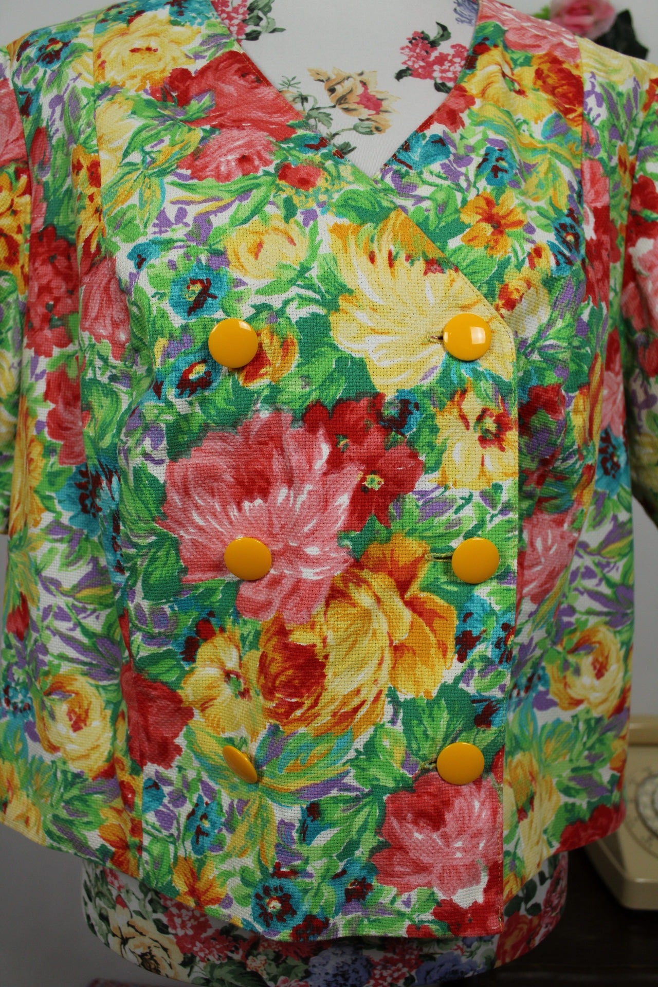 🌸🍒Blouse manches courtes vintage 70's imprimé floral dense - jardin romantique - Taille 42/44🍒🌸