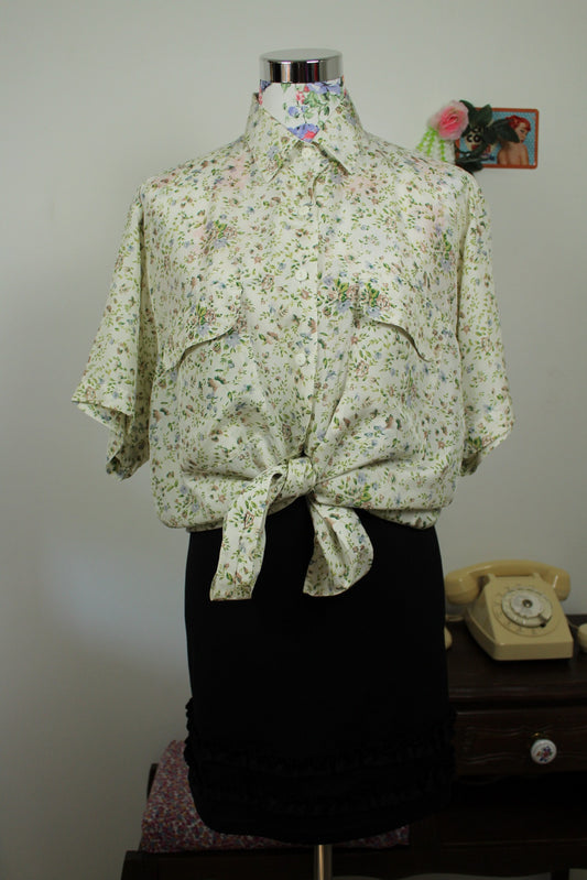 🌸🍒Chemise vintage 90's 100% soie imprimé fleuri discret cottagecore - Taille 42/44🍒🌸