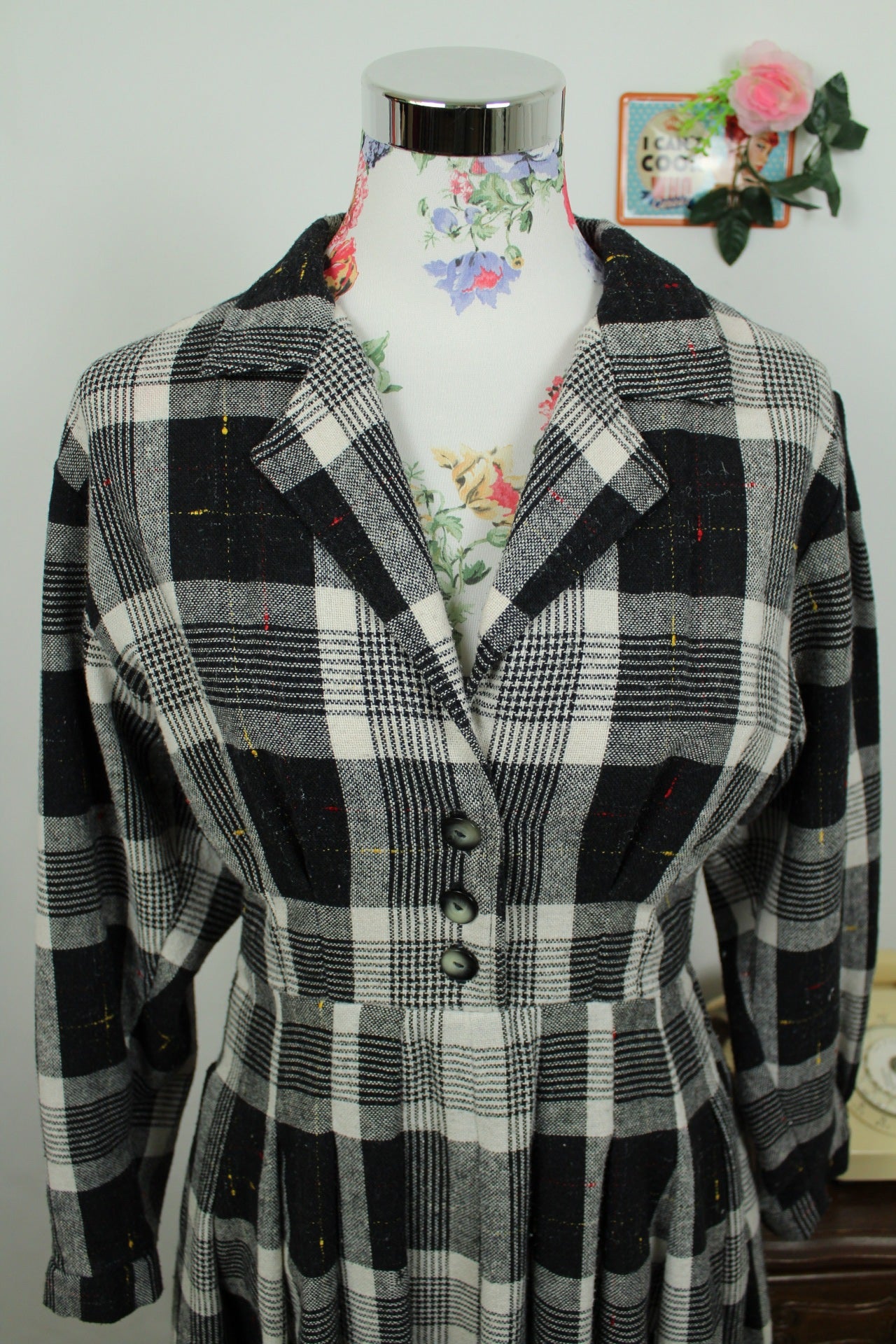 🌸🍒Robe d'hiver vintage faite main - carreaux noir & blanc - plissée années 80🍒🌸