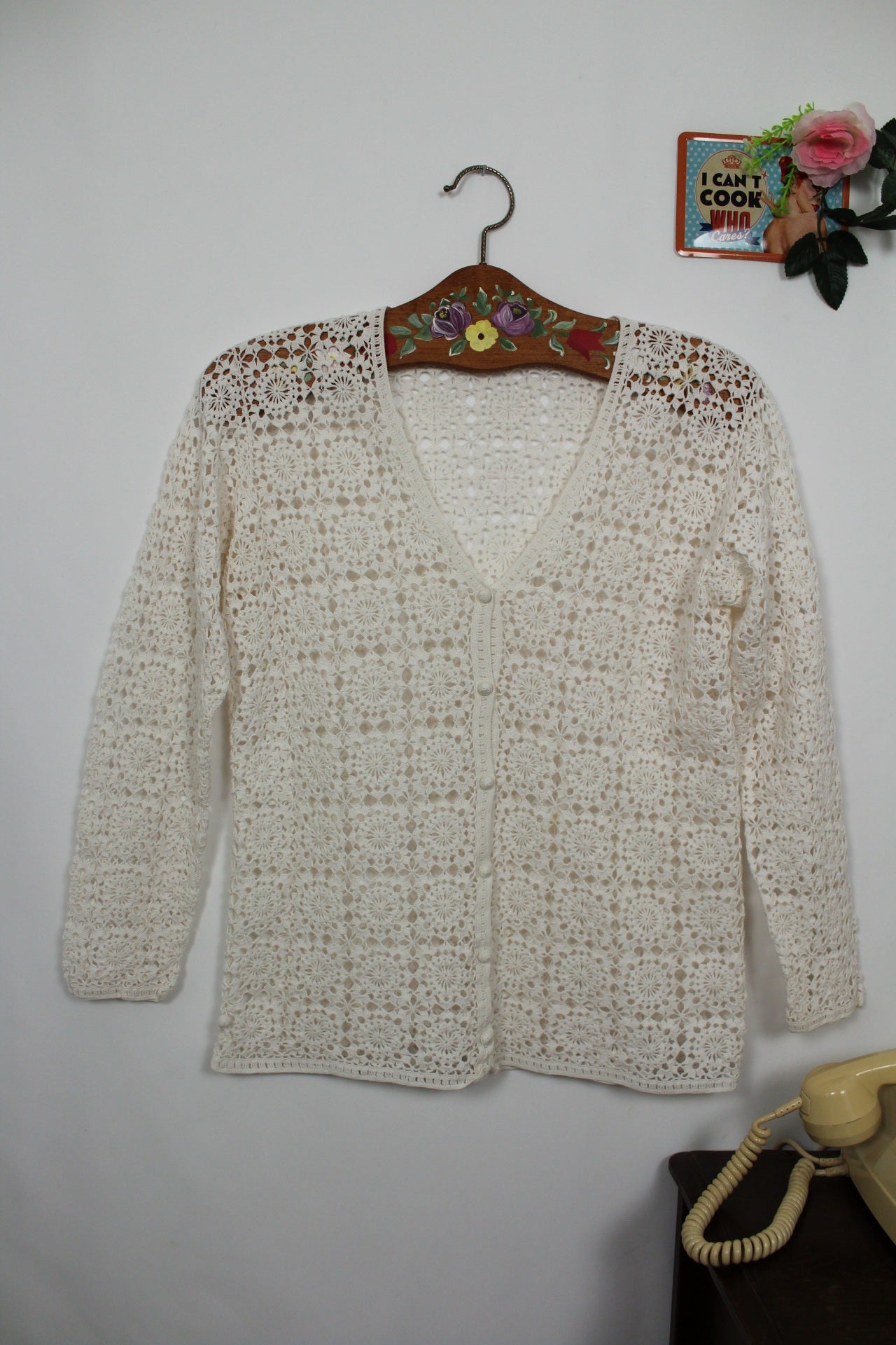🍒🌸Gilet vintage 90's en crochet blanc fleuri ajouré - taille 38🌸🍒