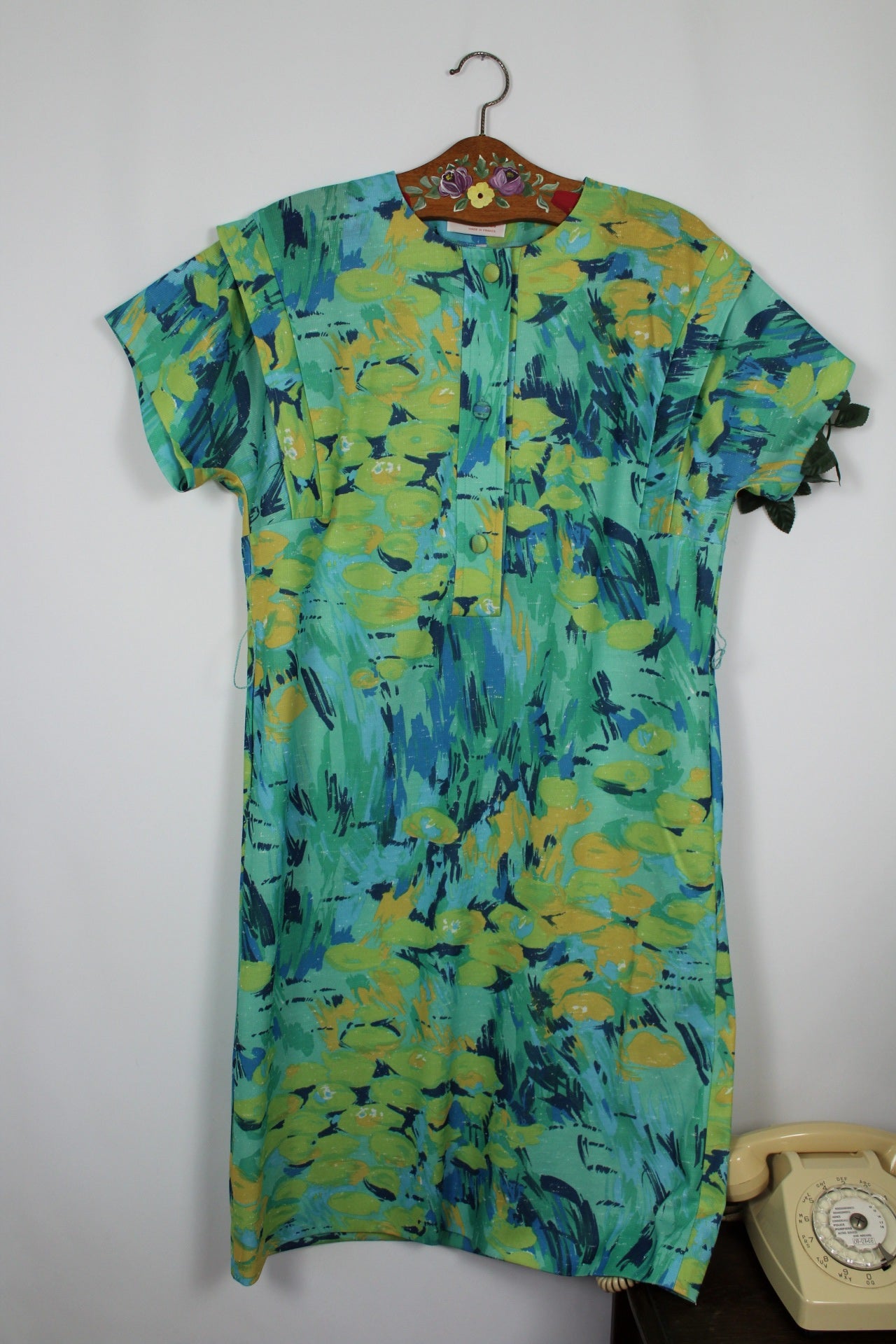 🌸🍒Robe verte vintage 80's arty esprit coups de pinceau Picasso et ceinture - Taille 42/44🍒🌸