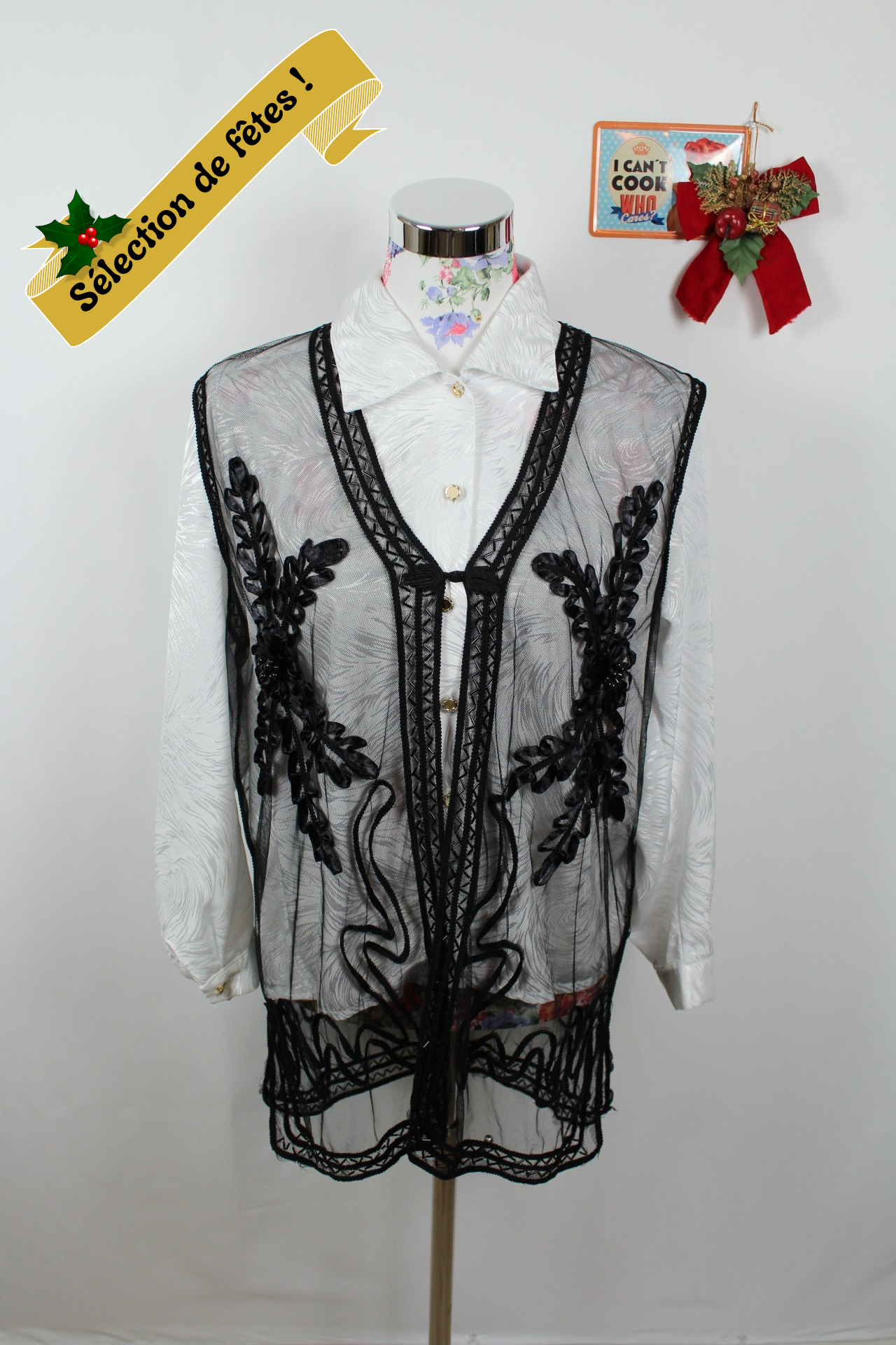 ✨Gilet noir perlé vintage 70's & fleurs en relief - fêtes & soirée esprit bohème chic✨
