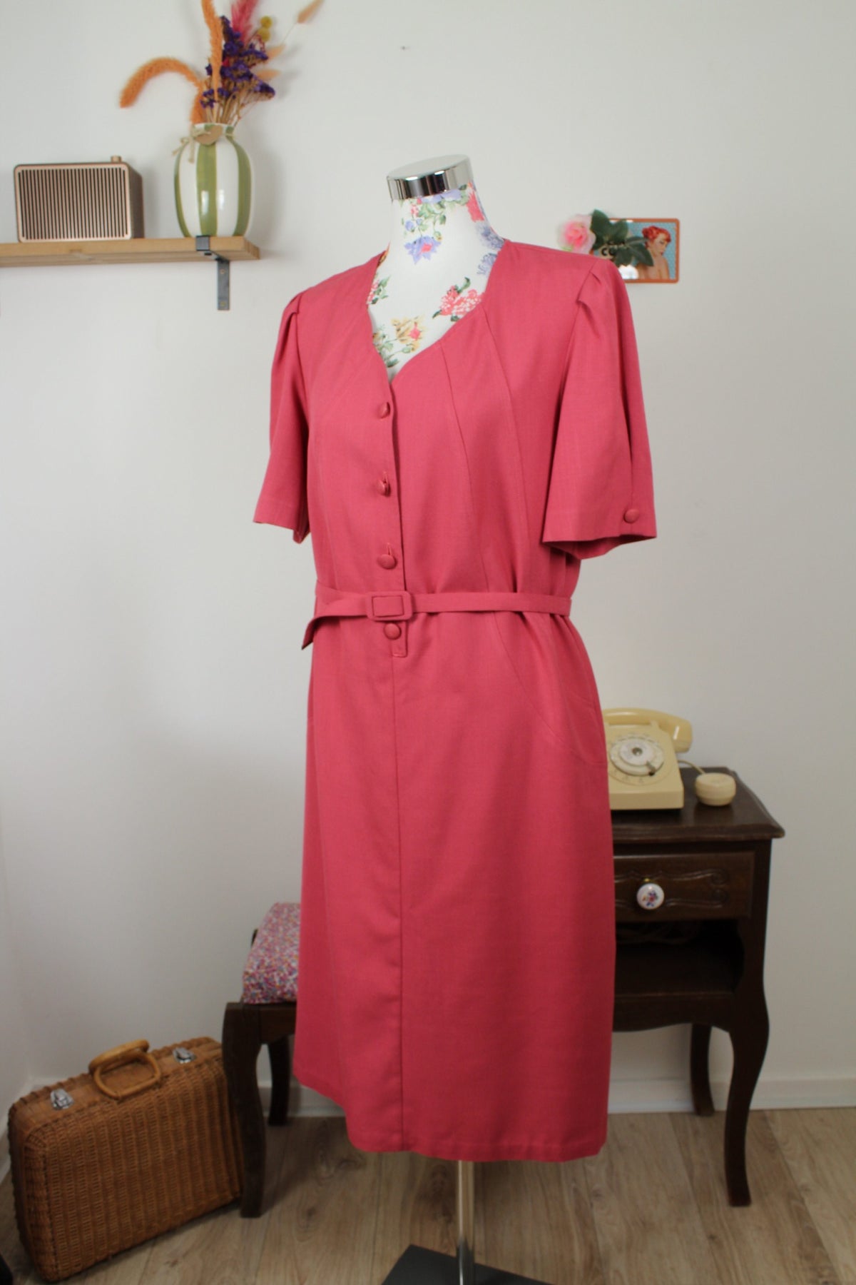 Robe vintage années 80 rose poudré coupe ceinturée - Taille 40/42