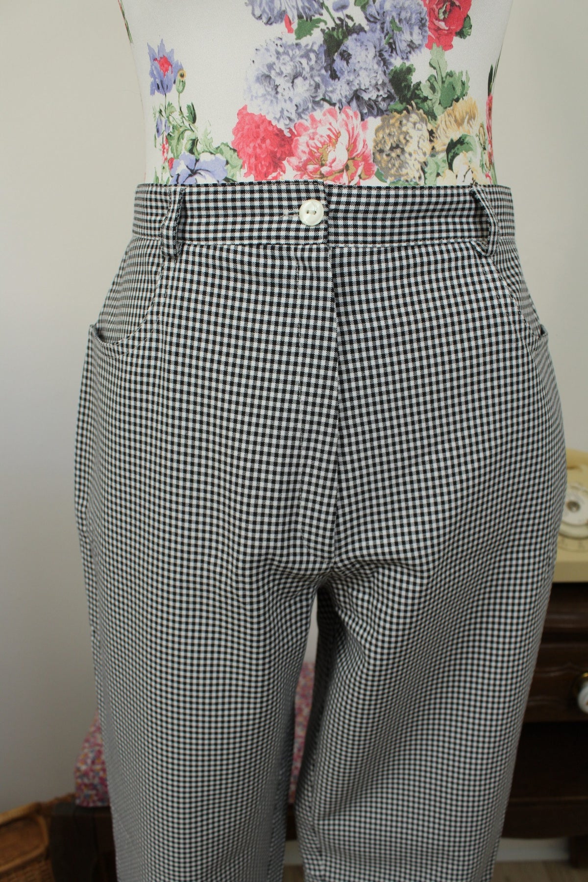 Pantalon vintage années 90 vichy carreaux noirs & blancs skinny - Taille 38